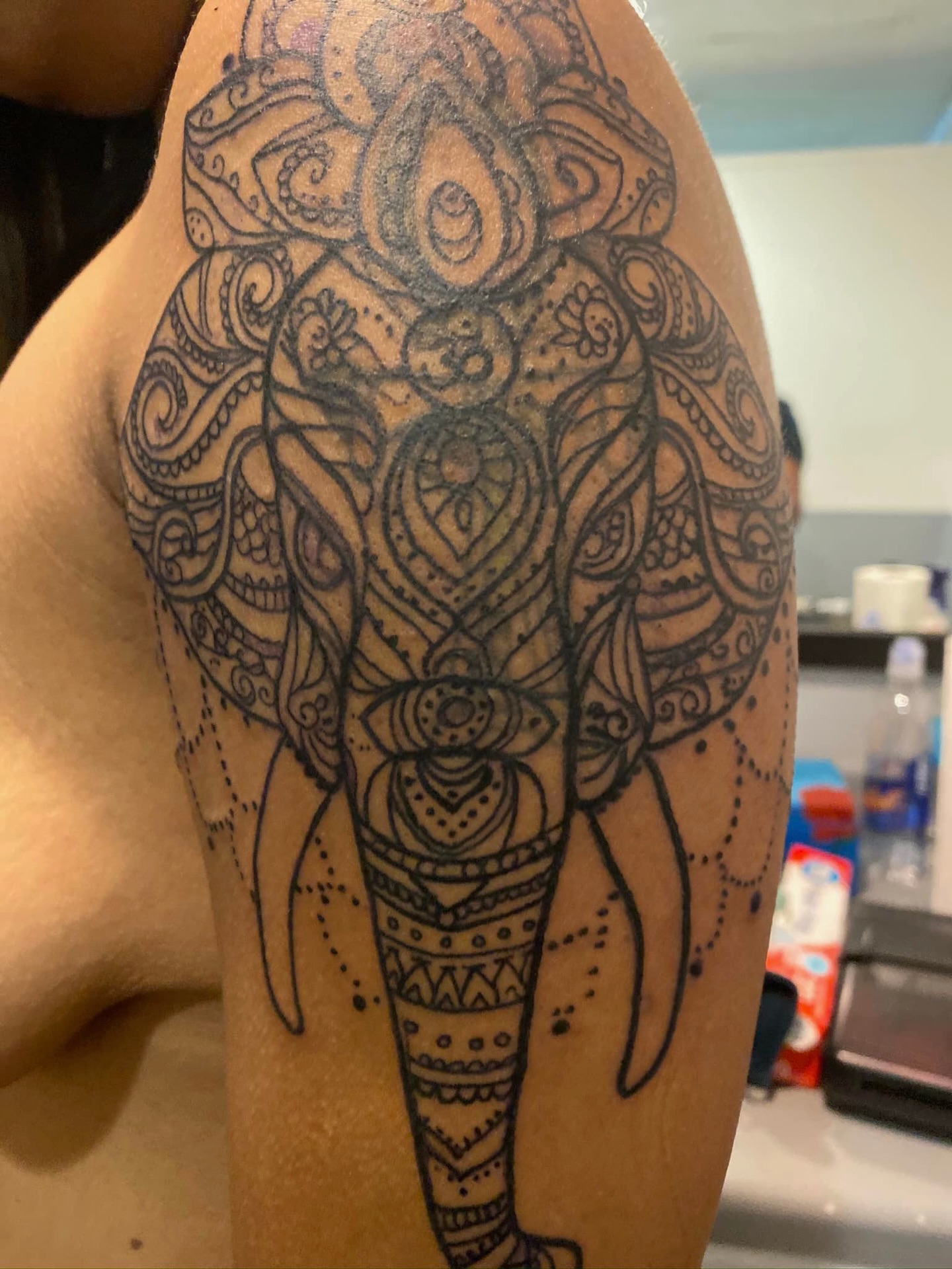 Elephant dotwork tattoo on the shoulder by @juiceinkythings