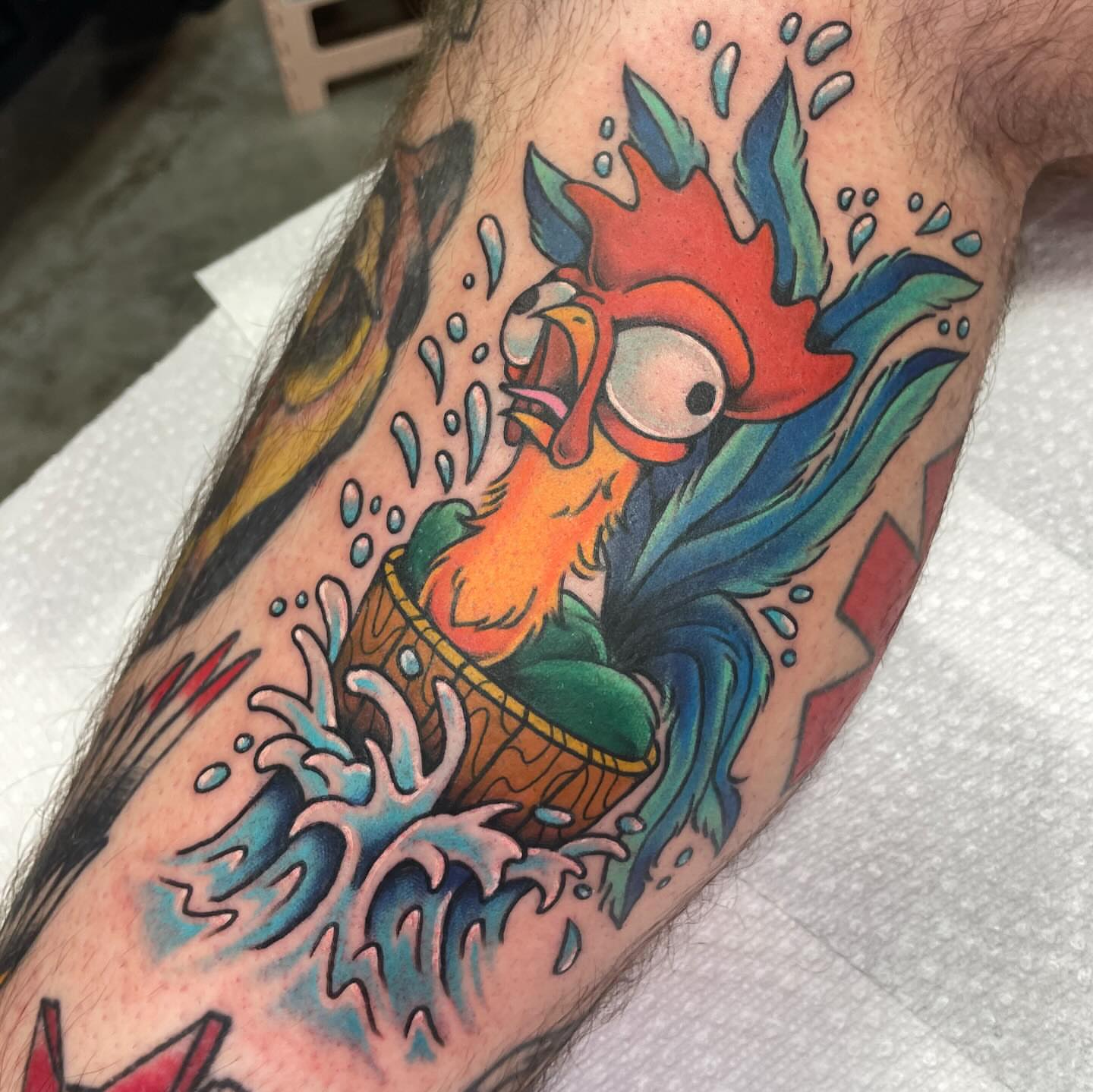 Rooster American traditional tattoo on the forearm by Eric (EK) Kuldell