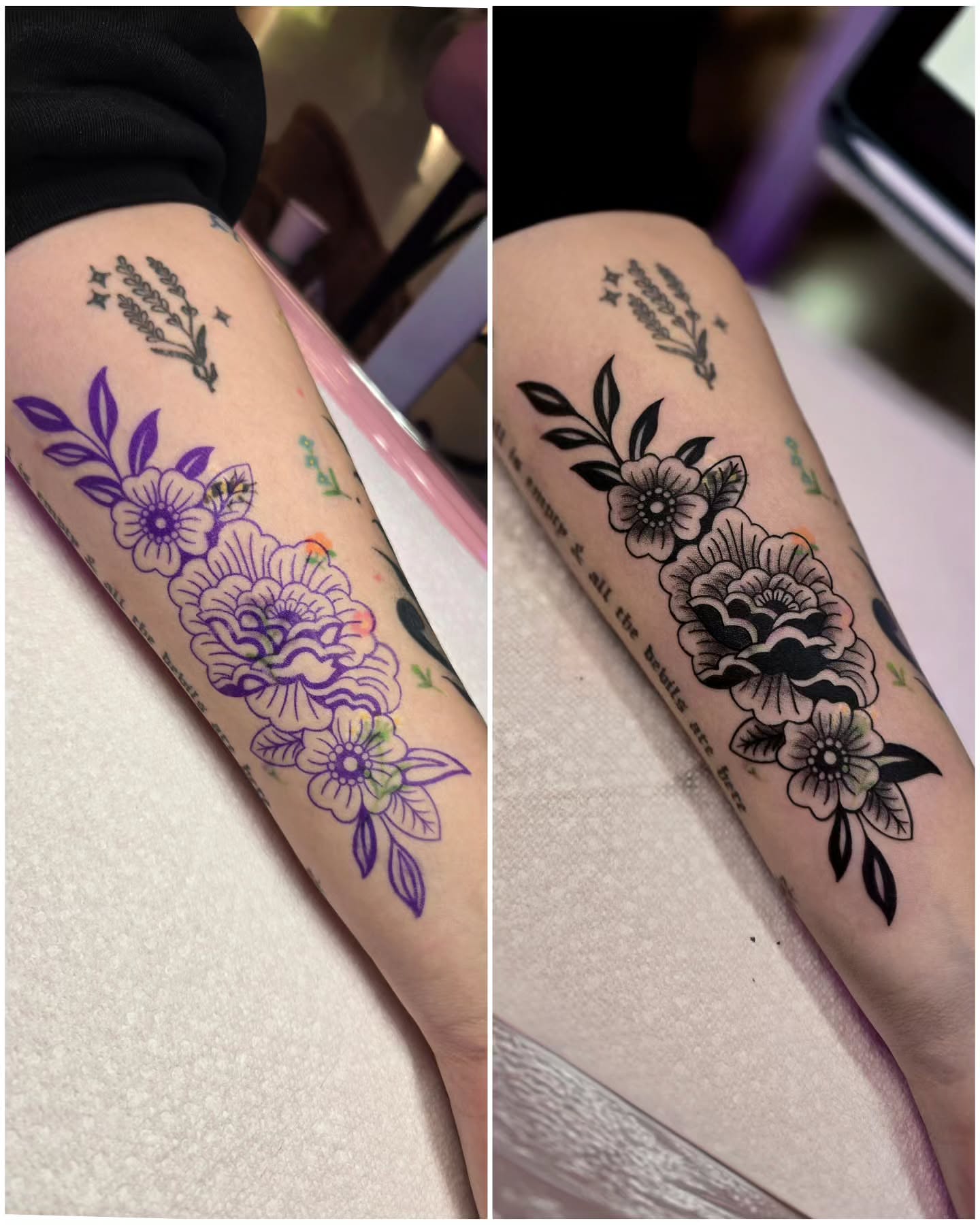 Floral arrangement American traditional tattoo on the forearm by Kirstie Lew Tattoo