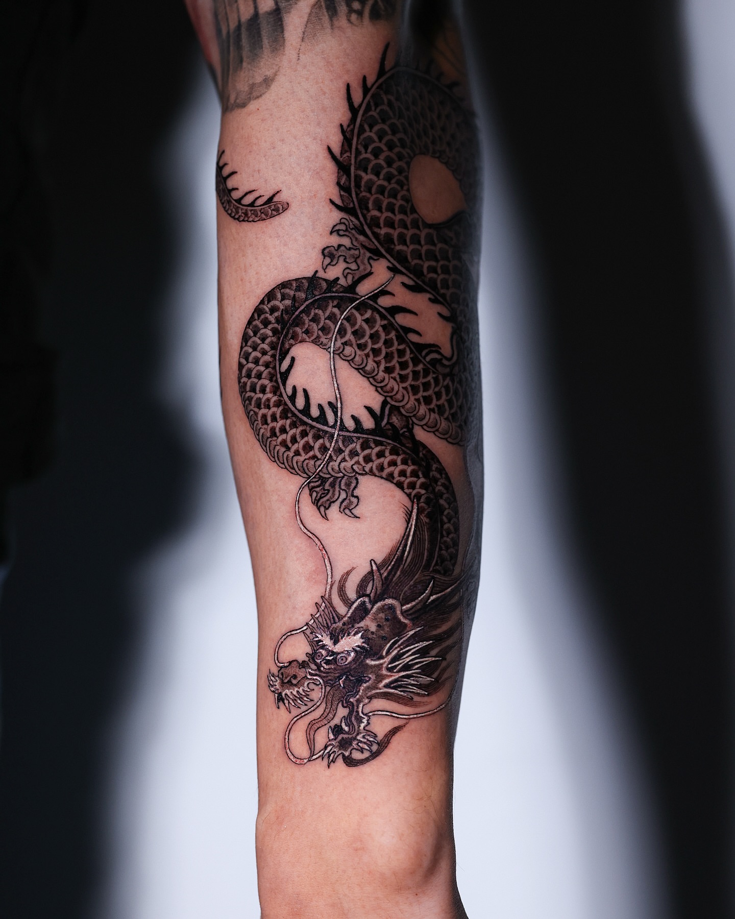 Dragon black and grey tattoo on the forearm by Swani