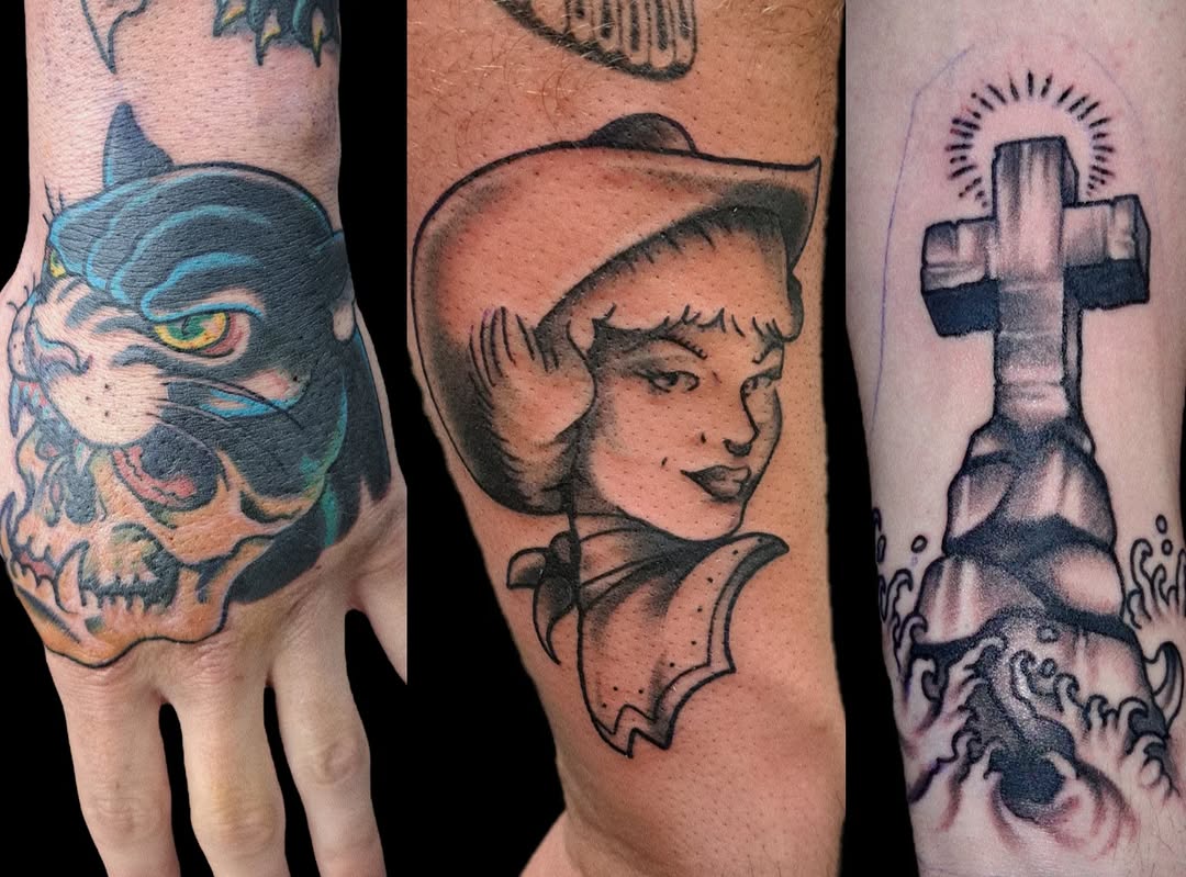 Panther head over skull realism tattoo on the forearm by Jake Mincey