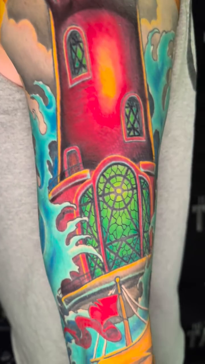 Lighthouse and waves japanese irezumi tattoo by InkFloyd Roith