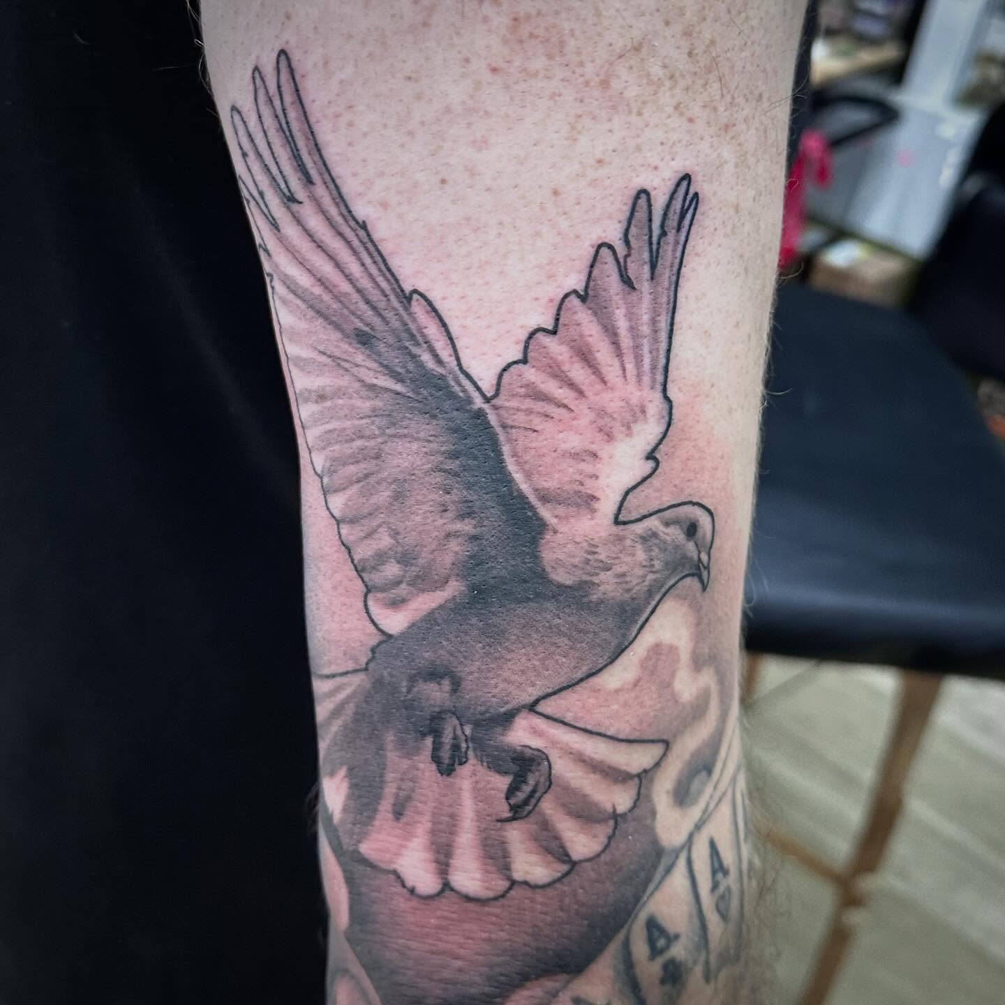 Flying bird realism tattoo on the forearm by Dustin Clark, Dayton, Ohio