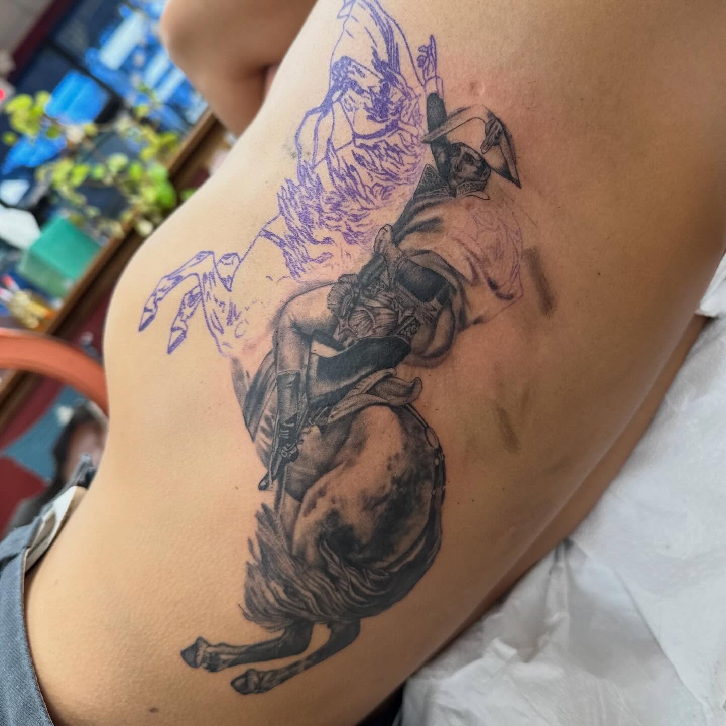 Horse rider black and grey tattoo on the thigh by katie lou, Norwich, Connecticut