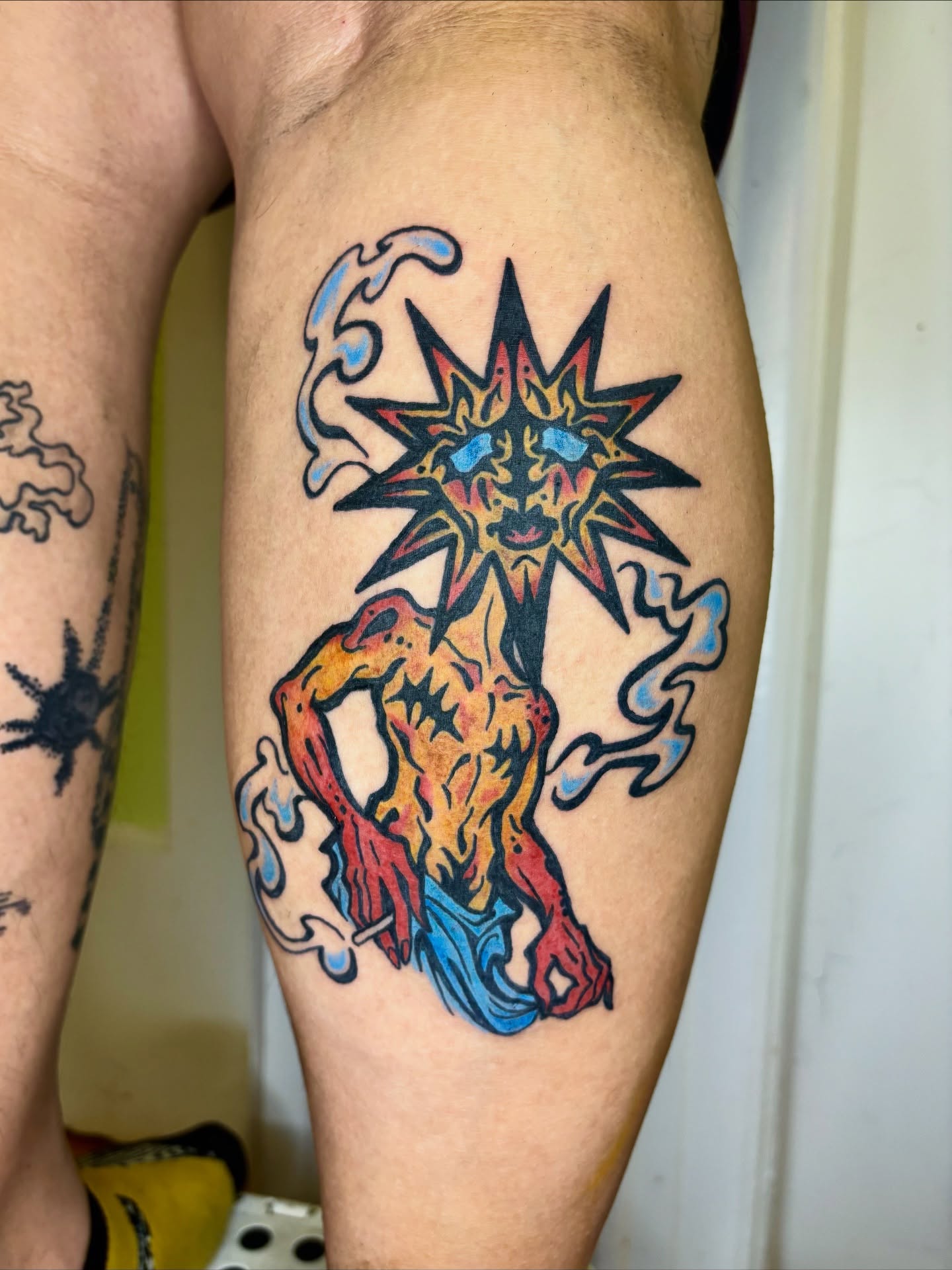 Demon neo-traditional tattoo on the thigh by Grae
