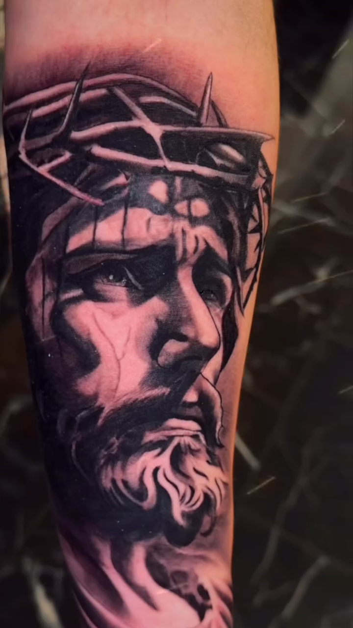 Jesus Christ portrait realism tattoo by Danny Aceves ✨ San Diego tattoo artist