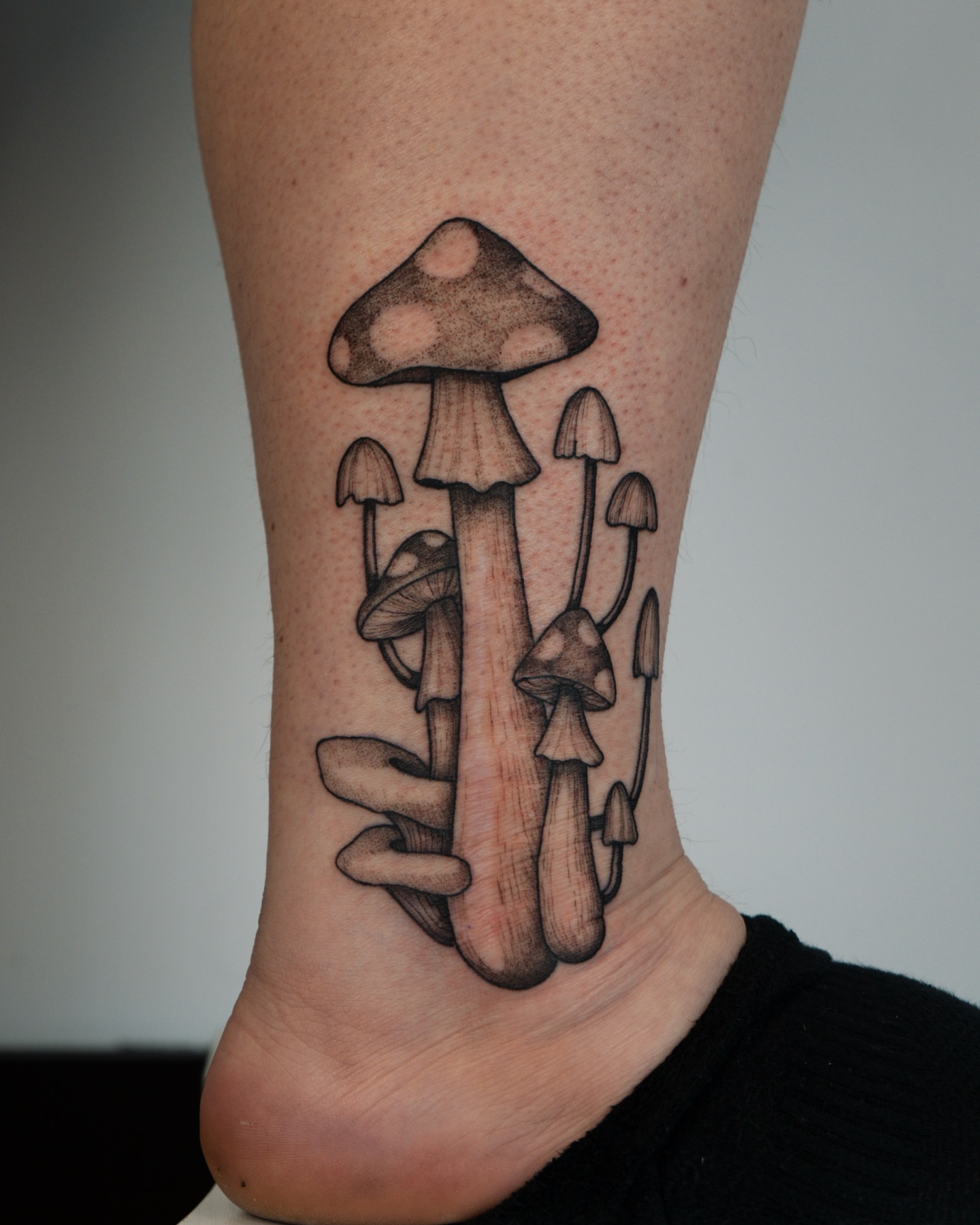 Mushroom cluster dotwork tattoo on the foot by Mikayla Sue
