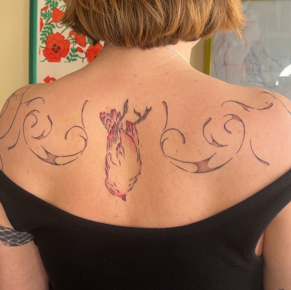 Bird neo-traditional tattoo on the back by mia