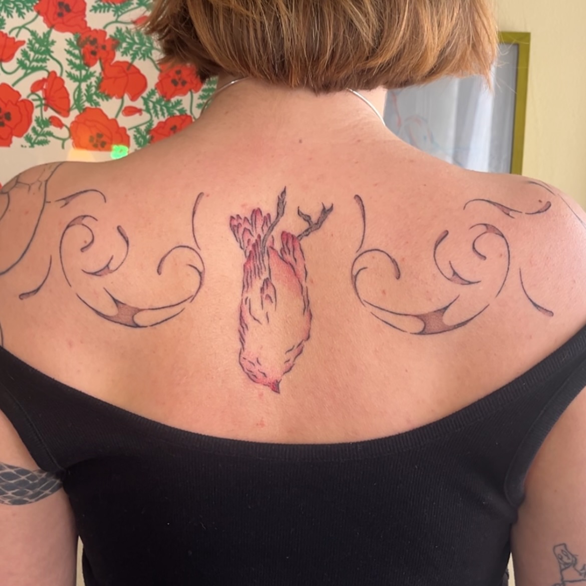 Bird neo-traditional tattoo on the back by mia