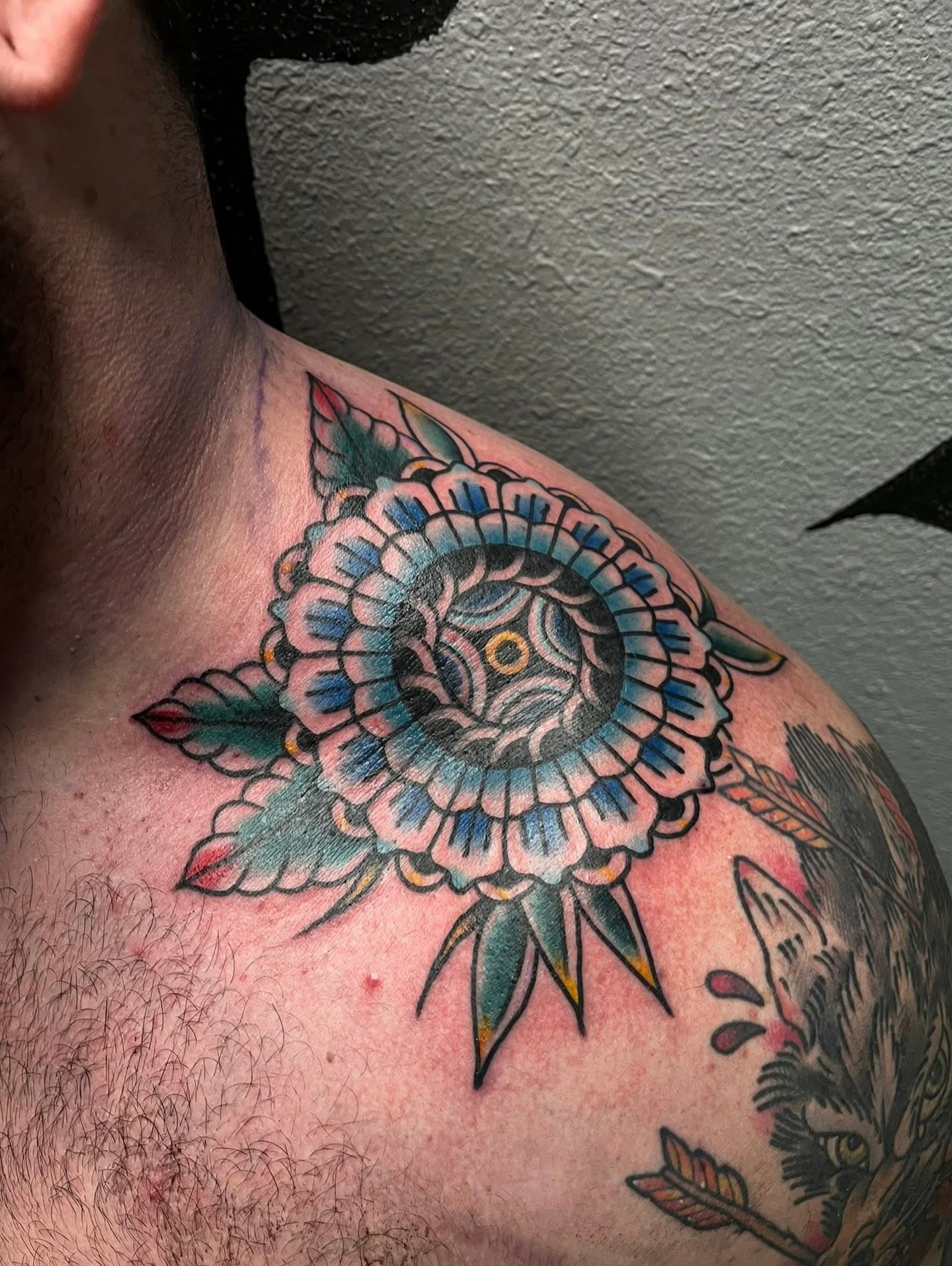 Floral mandala American traditional tattoo on the shoulder by Timmy