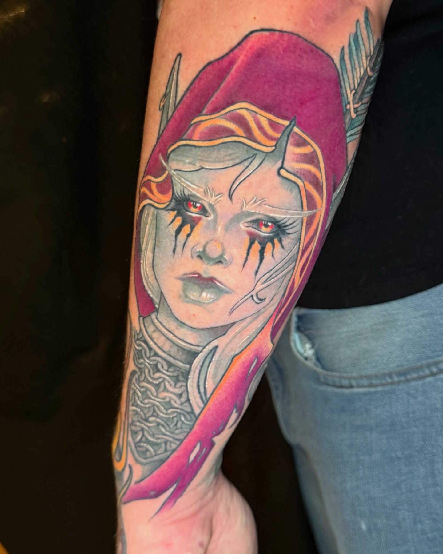 Elf warrior dark realism tattoo on the forearm by Sam Castro