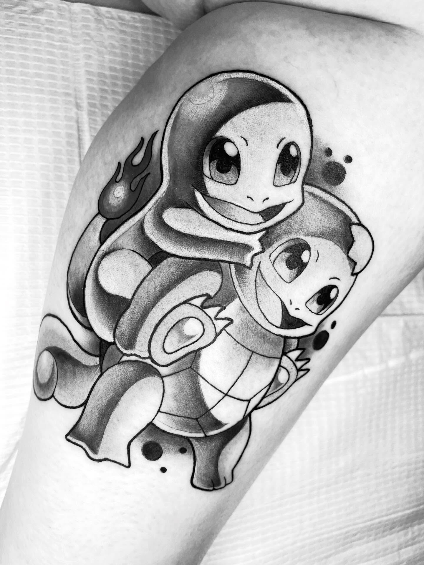 Squirtle and charmander black and grey tattoo on the forearm by Xena