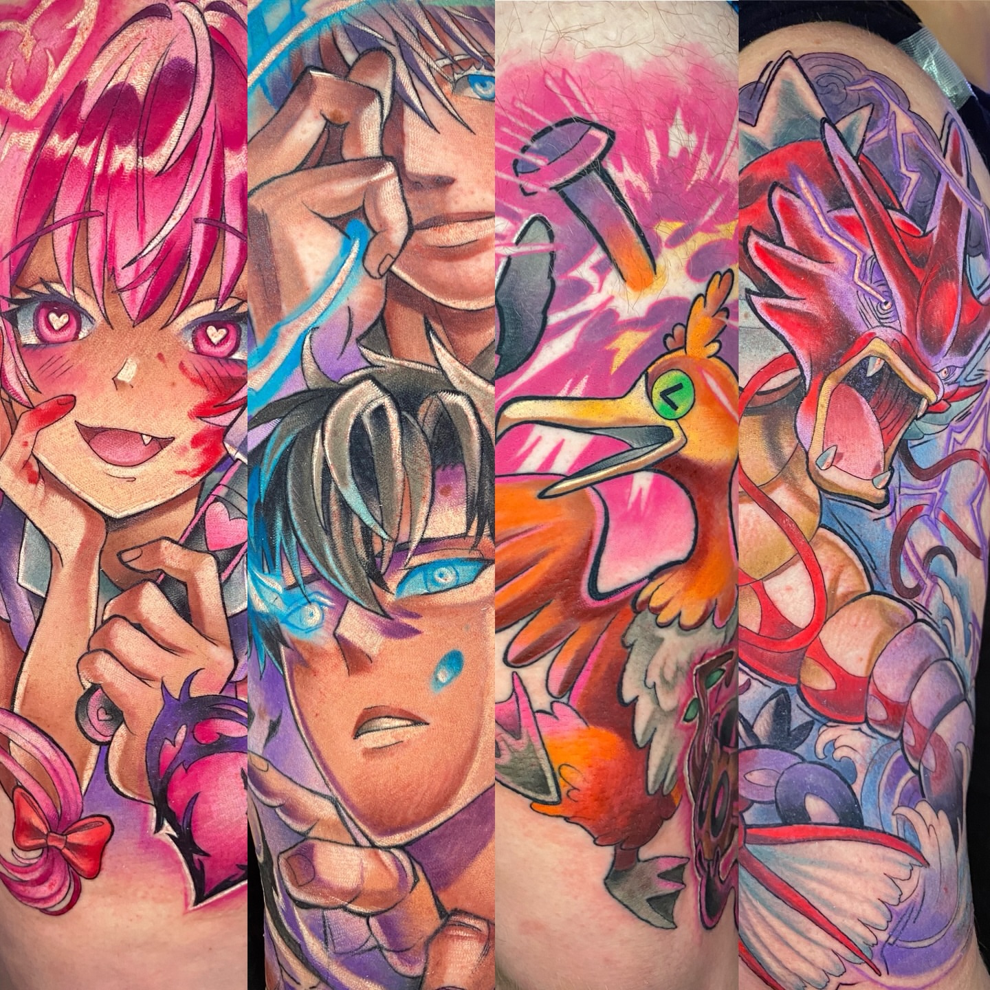 Anime characters anime tattoo on the upper arm by Amy Porter