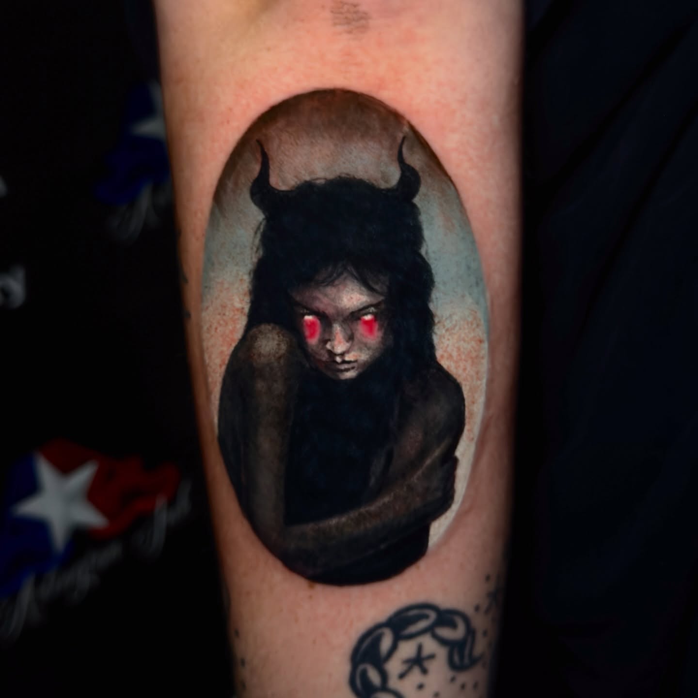 Demon dark realism tattoo on the forearm by Neeko