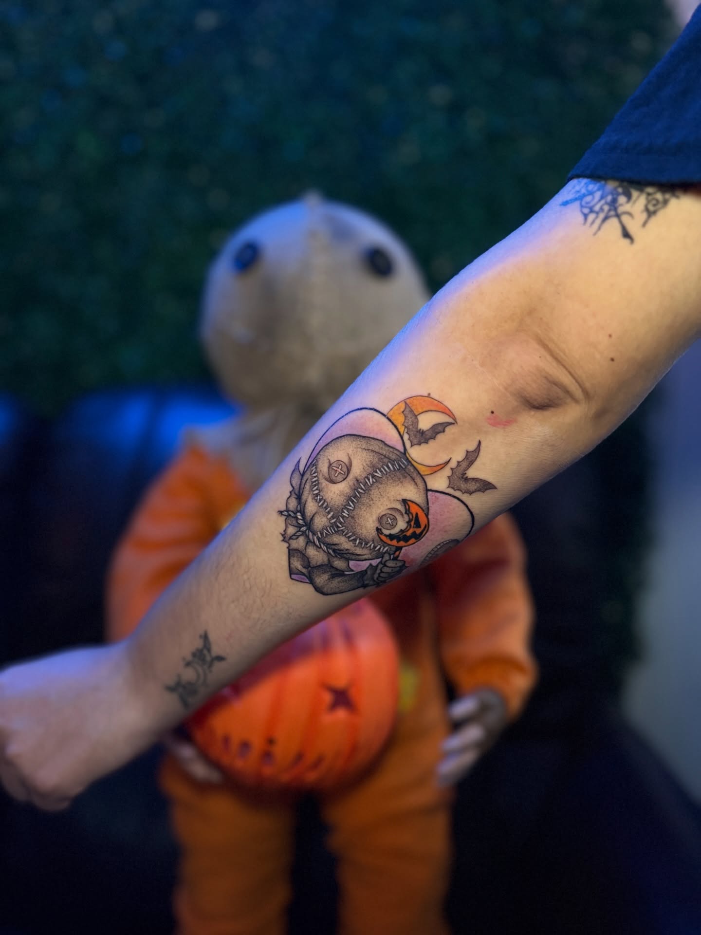 Pumpkin scarecrow American traditional tattoo on the forearm by Jackse π§πΌββοΈ Tattoos π§πΌββοΈ