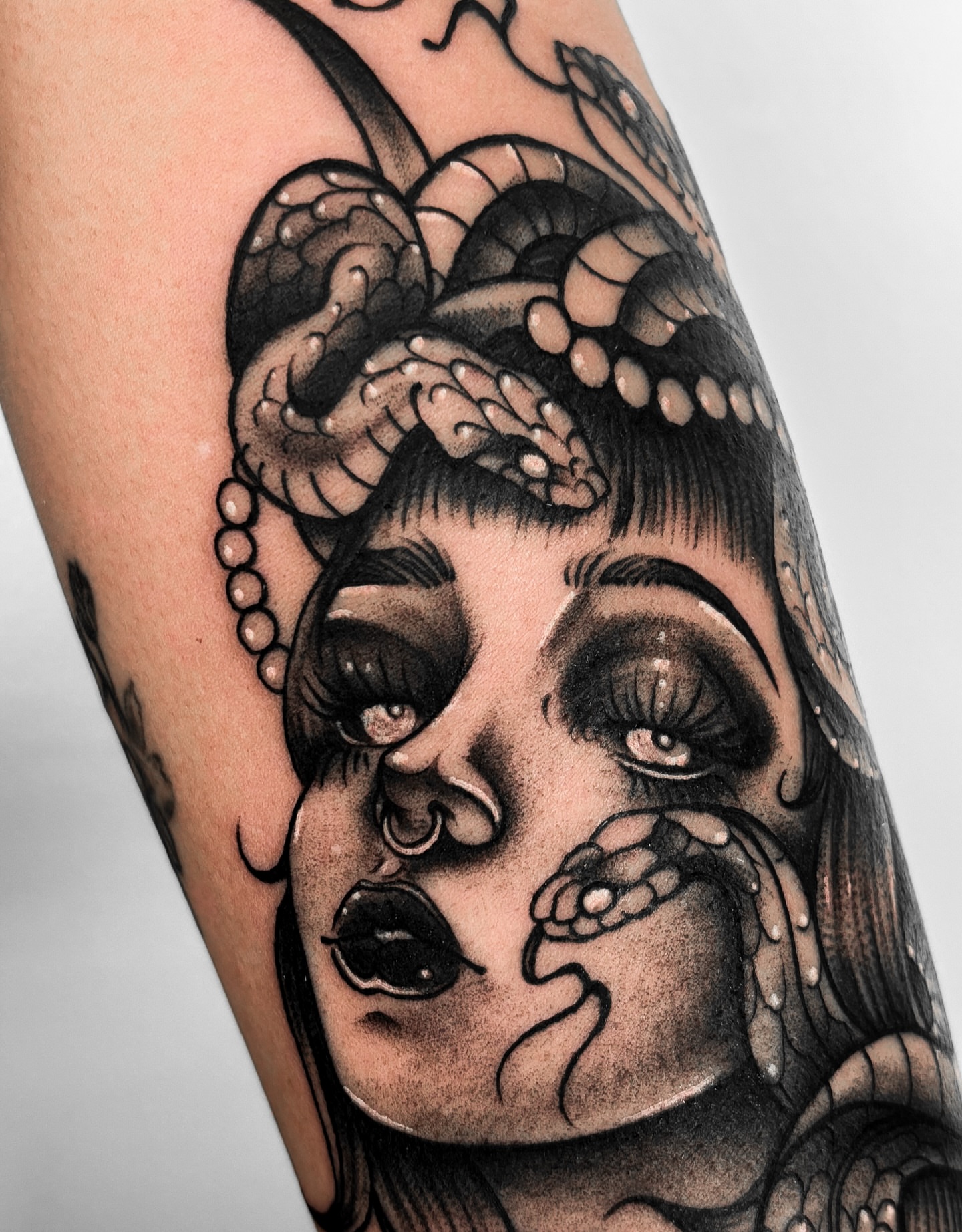 Woman with octopus tentacles realism tattoo on the forearm by ✿ Desiree Gawle ✿