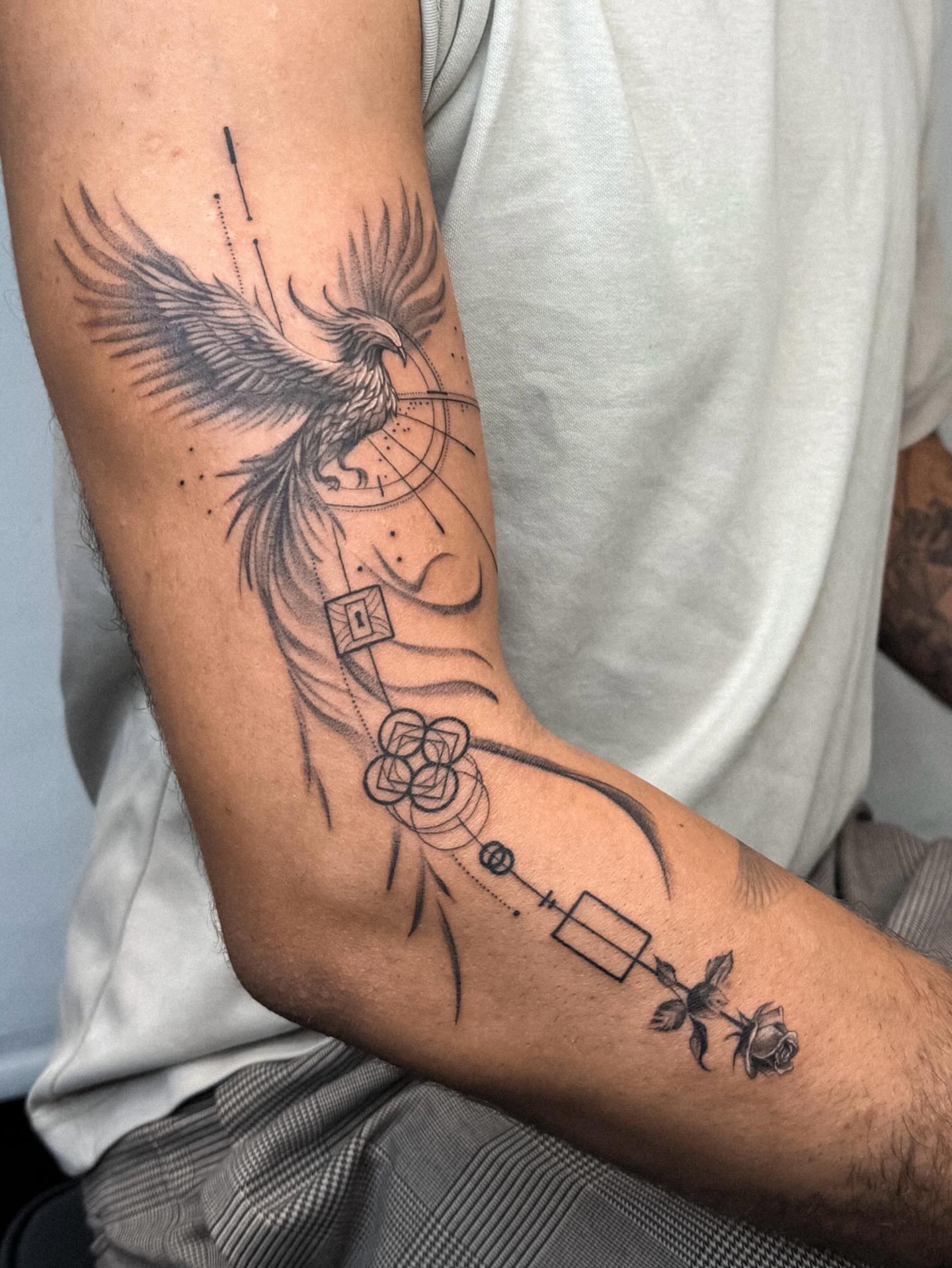 Tattoo by @dannyptattoos — black_and_grey, geometric