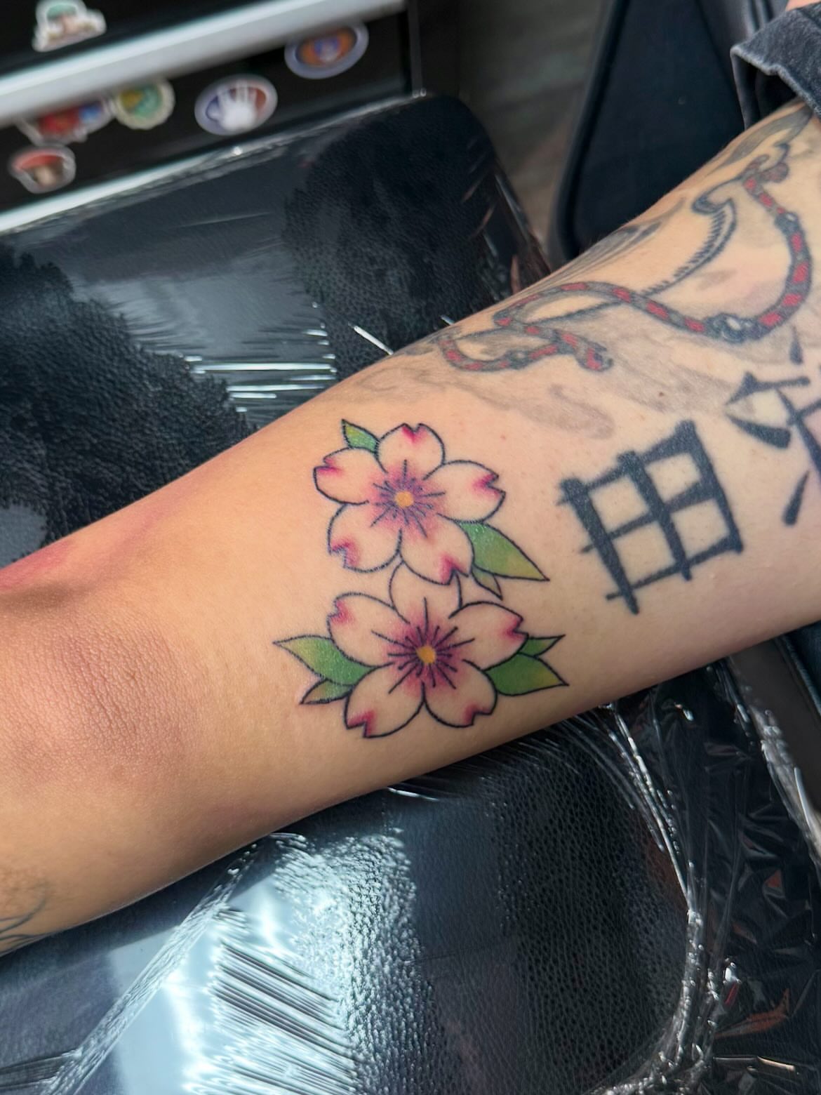 Cherry blossoms American traditional tattoo on the forearm by Shay - Mandeville Tattoo Artist