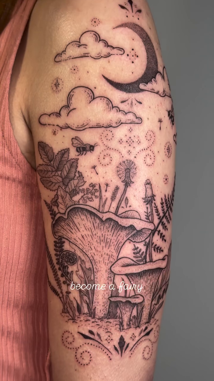 Mushroom and moon illustrative tattoo by Santiago Don, Portland, Oregon