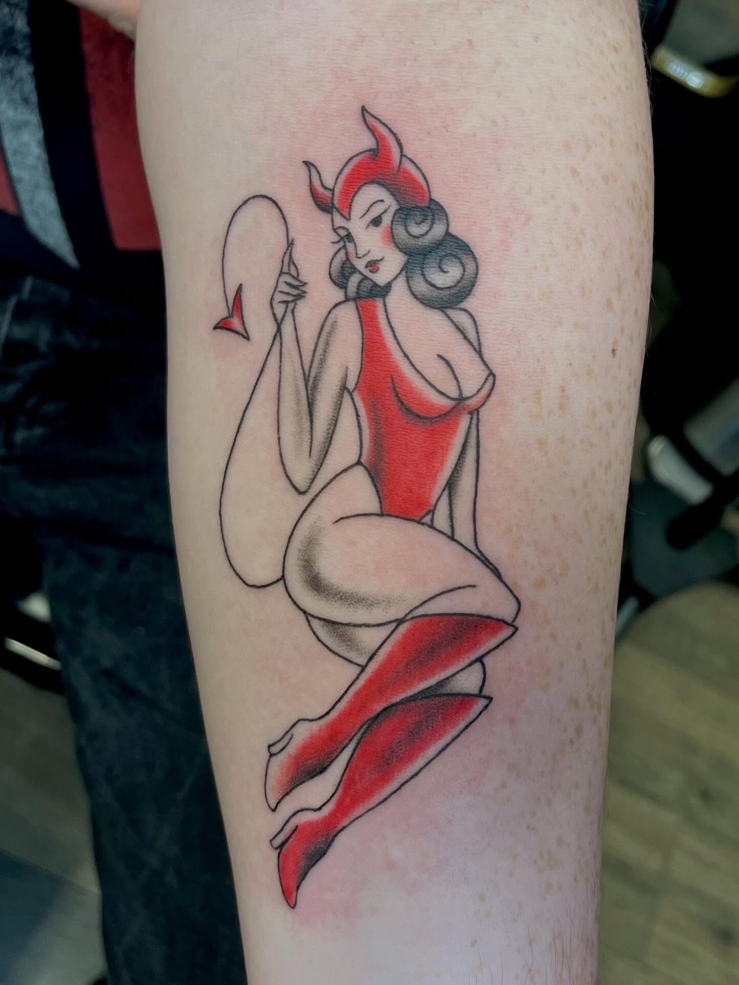 Pin-up devil girl American traditional tattoo on the thigh by Chase Healey, Salt Lake City, Utah
