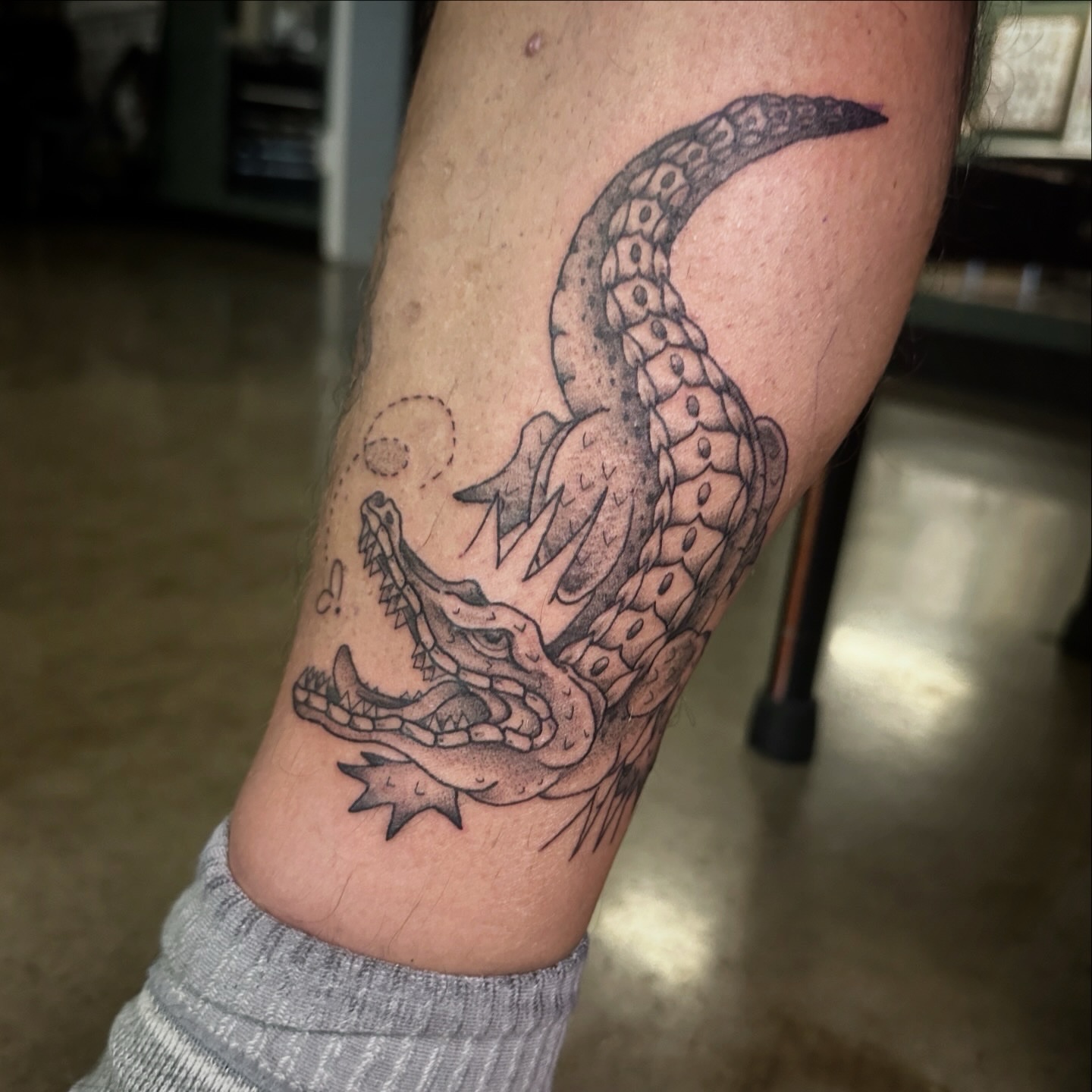 Alligator black and grey tattoo on the forearm by Luisa Gonzalez, Austin, Texas