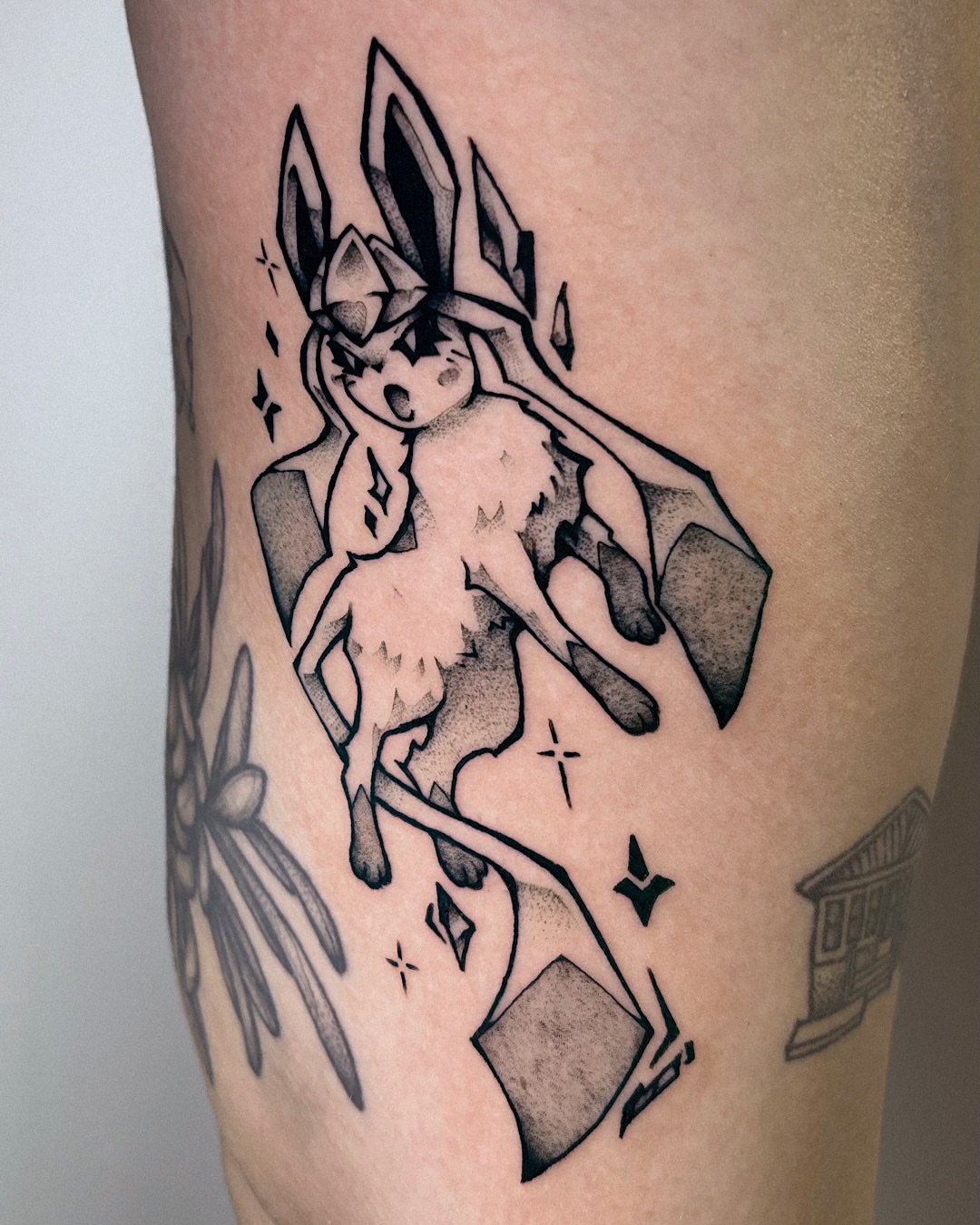 Anime character dotwork tattoo on the forearm by Kal