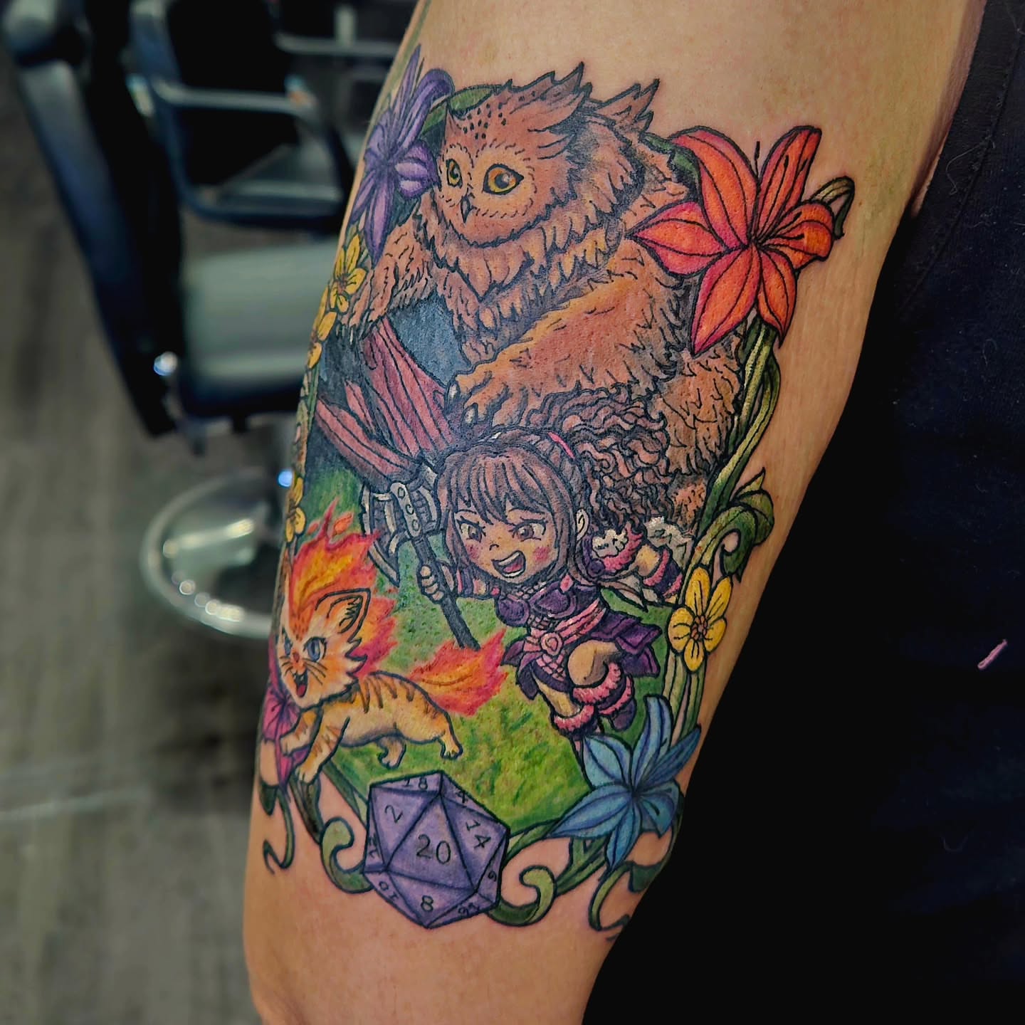 Fantasy characters and owl new school tattoo on the forearm by Angie Griffith 🥰, Glendale, Arizona