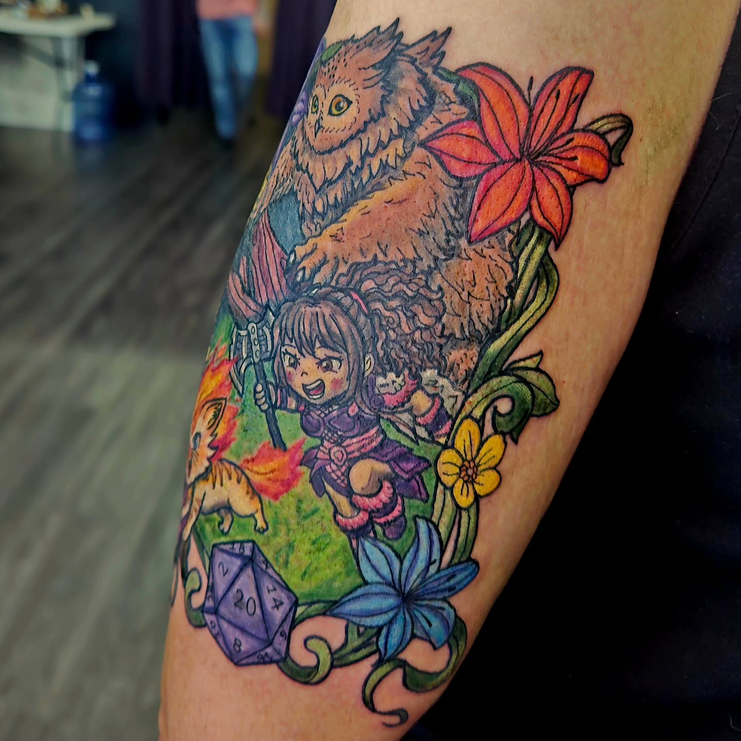 Fantasy character with owl and flowers new school tattoo on the forearm by Angie Griffith 🥰, Glendale, Arizona