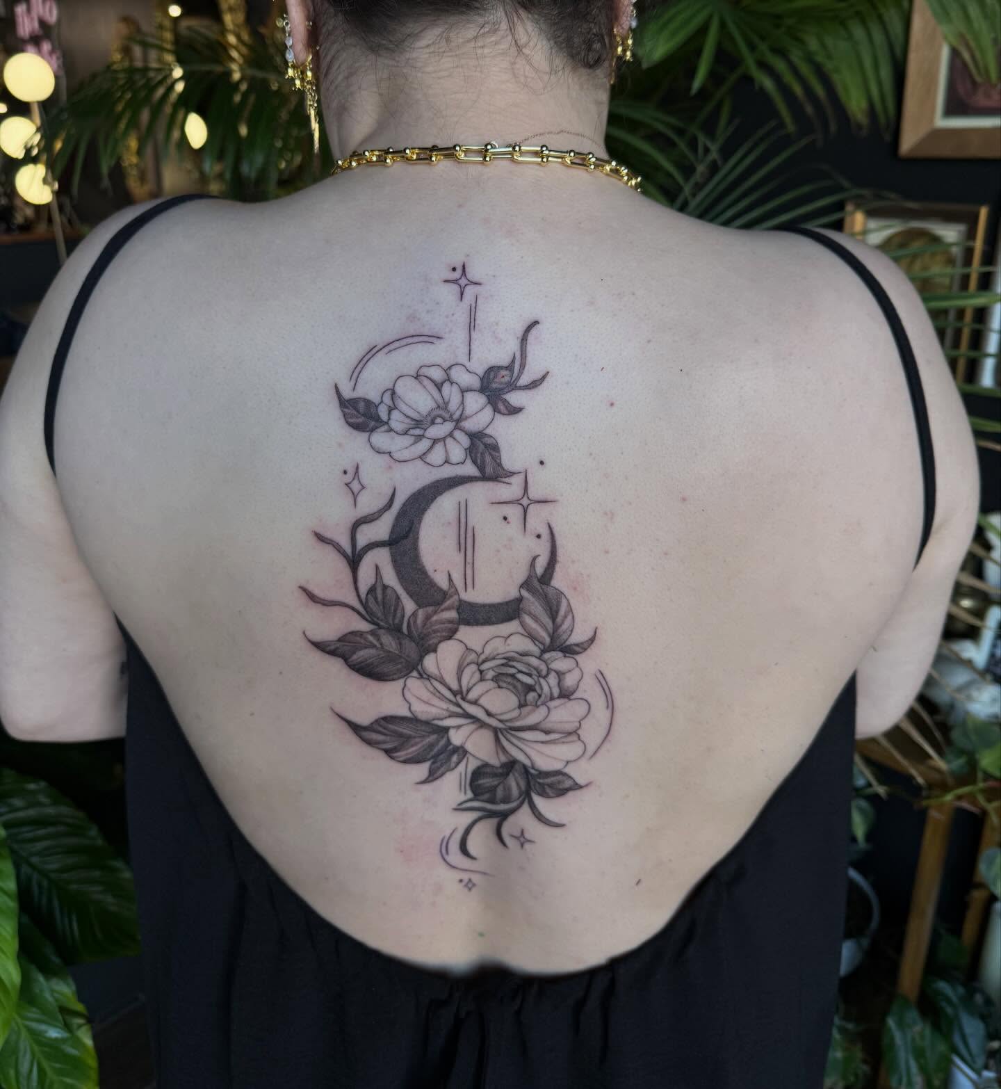 Floral crescent moon black and grey tattoo on the back by Cort Prescott 🕸 OKC Tattoo Artist, Oklahoma City, Oklahoma