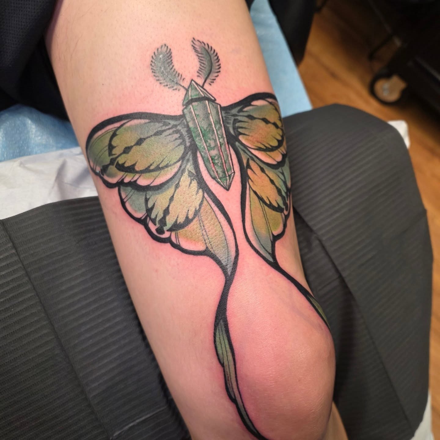 Crystal moth neo-traditional tattoo on the forearm by ✥ Daemon Downing ✥ Kansas Tattoo Artist ✥, Wichita, Kansas