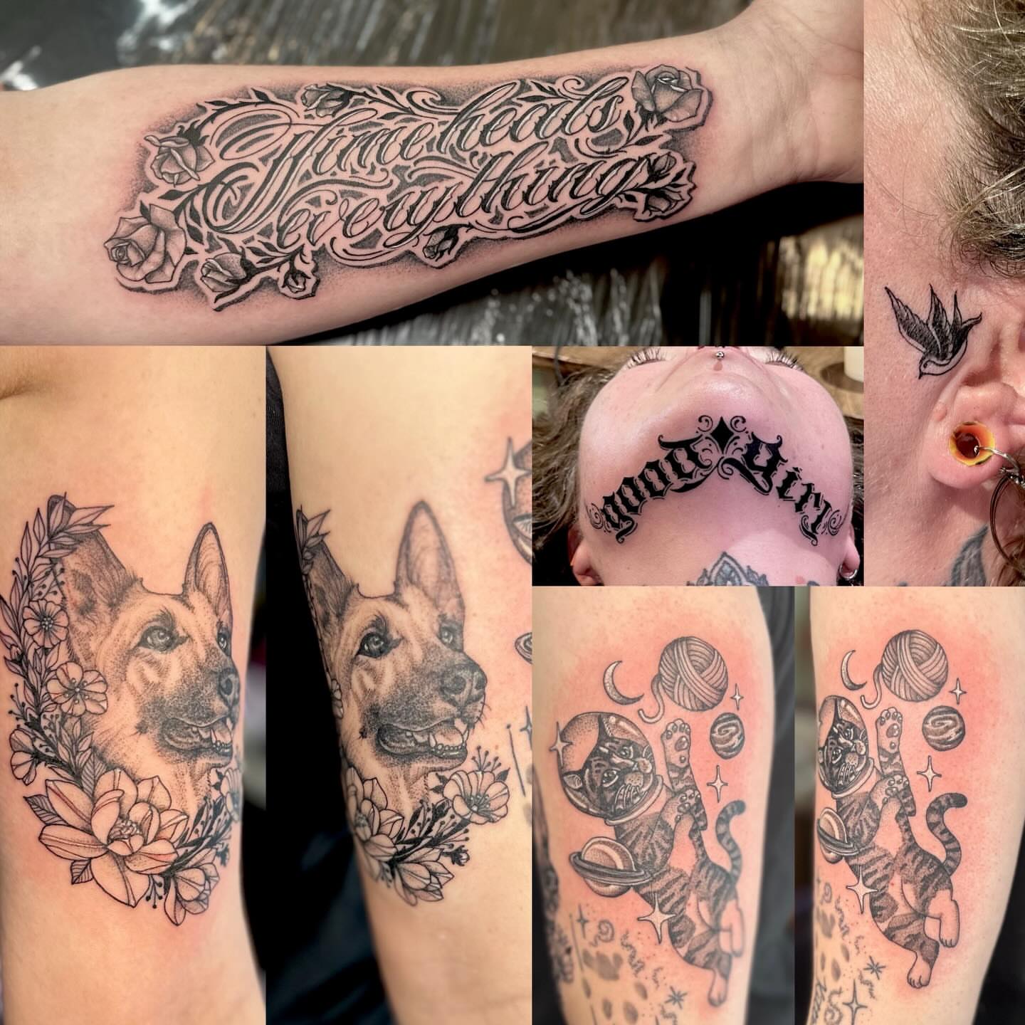 Dog portrait dotwork tattoo on the forearm by Leeuh Vandever