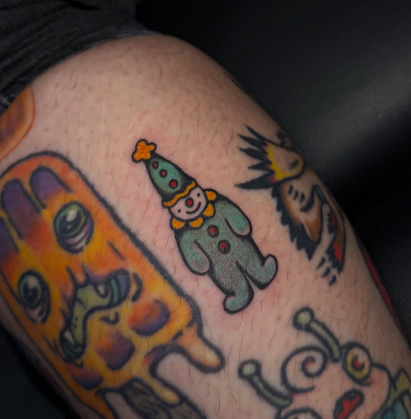 Clown American traditional tattoo on the thigh by abbey pickens 🧚 cleveland ohio