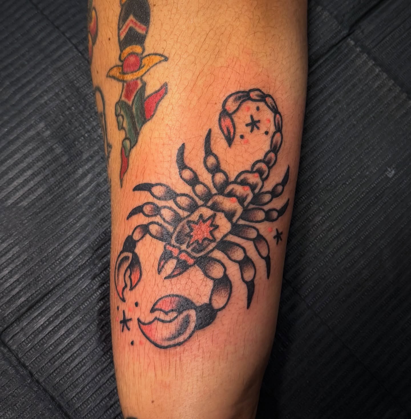 Scorpion American traditional tattoo on the forearm by abbey pickens 🧚 cleveland ohio