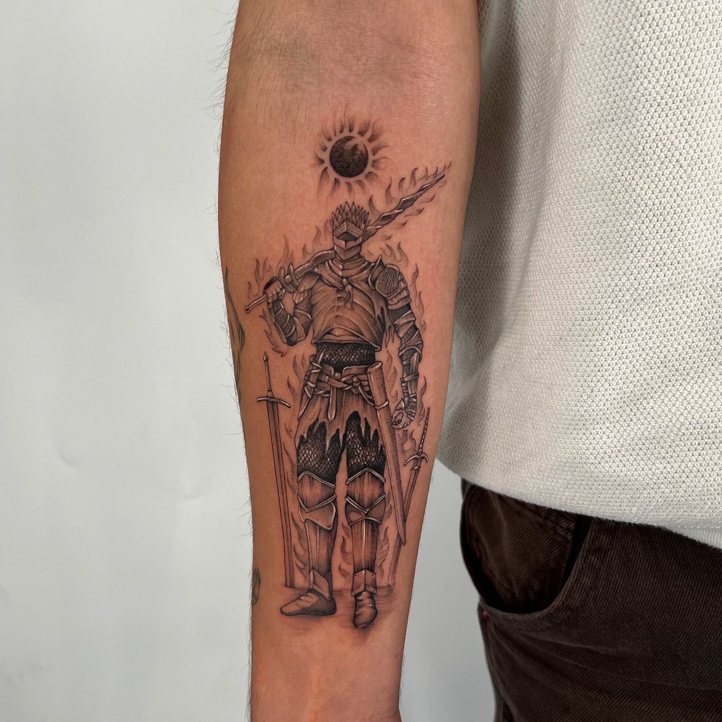 Warrior with flaming sword realism tattoo on the forearm by ⚒dptattoos ⚒, East Williamsburg, Brooklyn