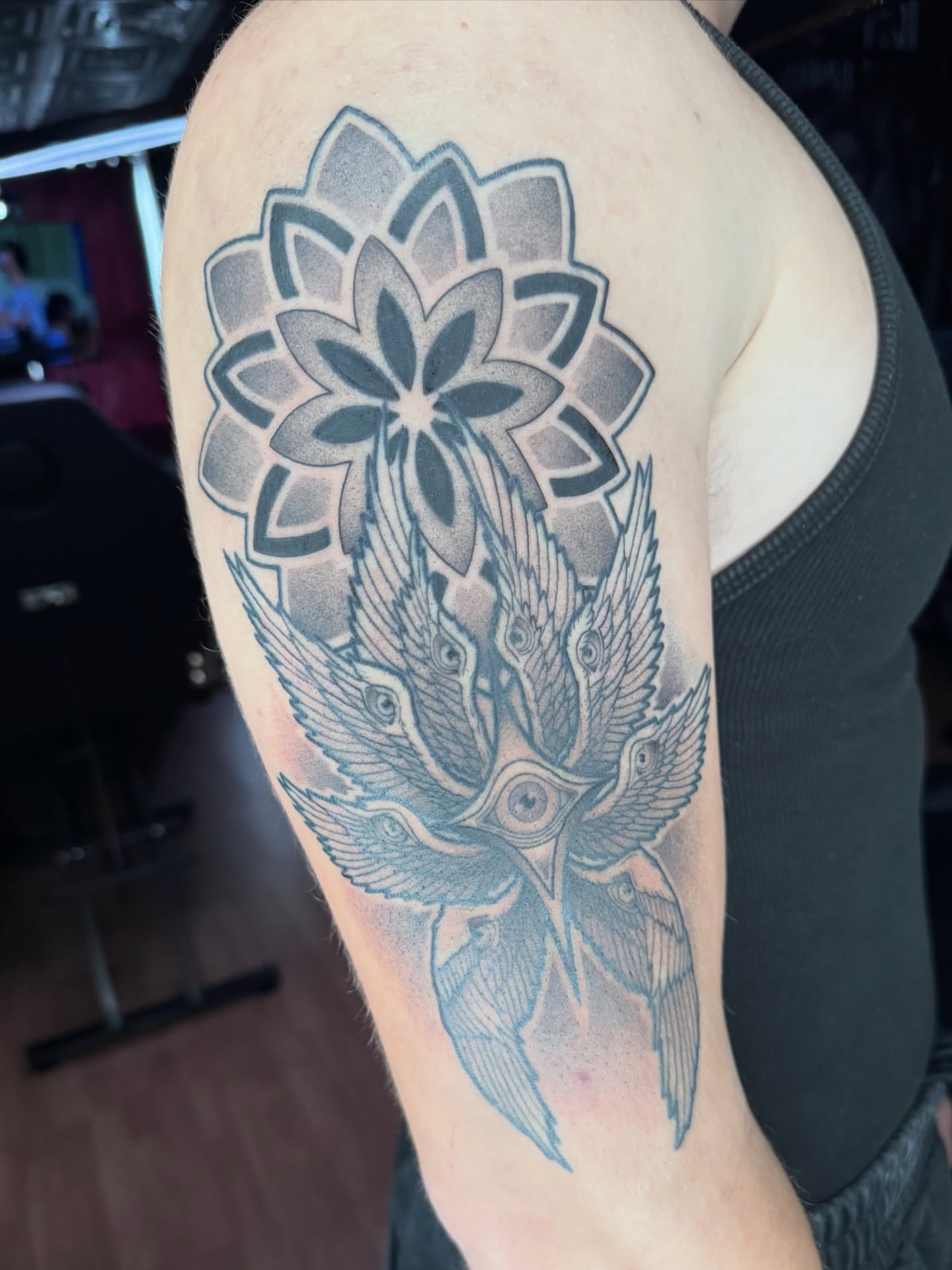 Tattoo by @shawndoestattoos — geometric, dotwork