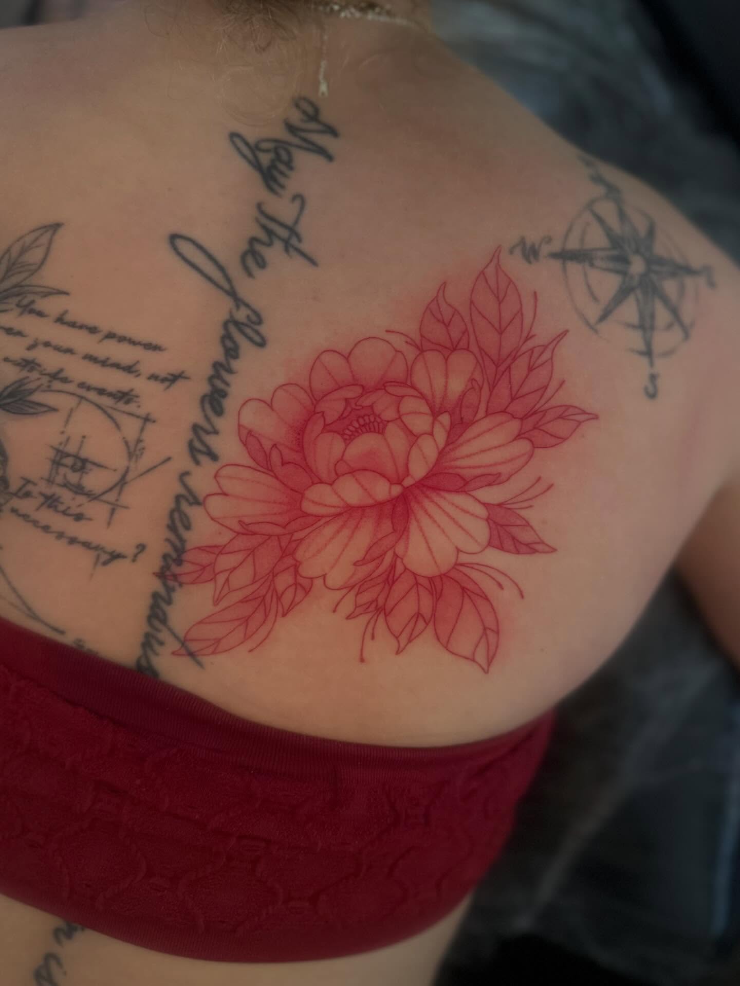 Peony flower fine line tattoo on the shoulder by Cherry Tats🍒
