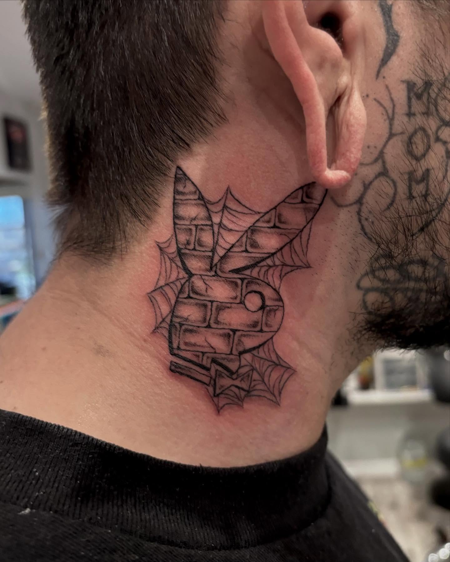 Brick wall black and grey tattoo on the neck by ⟡ Sam O ⟡