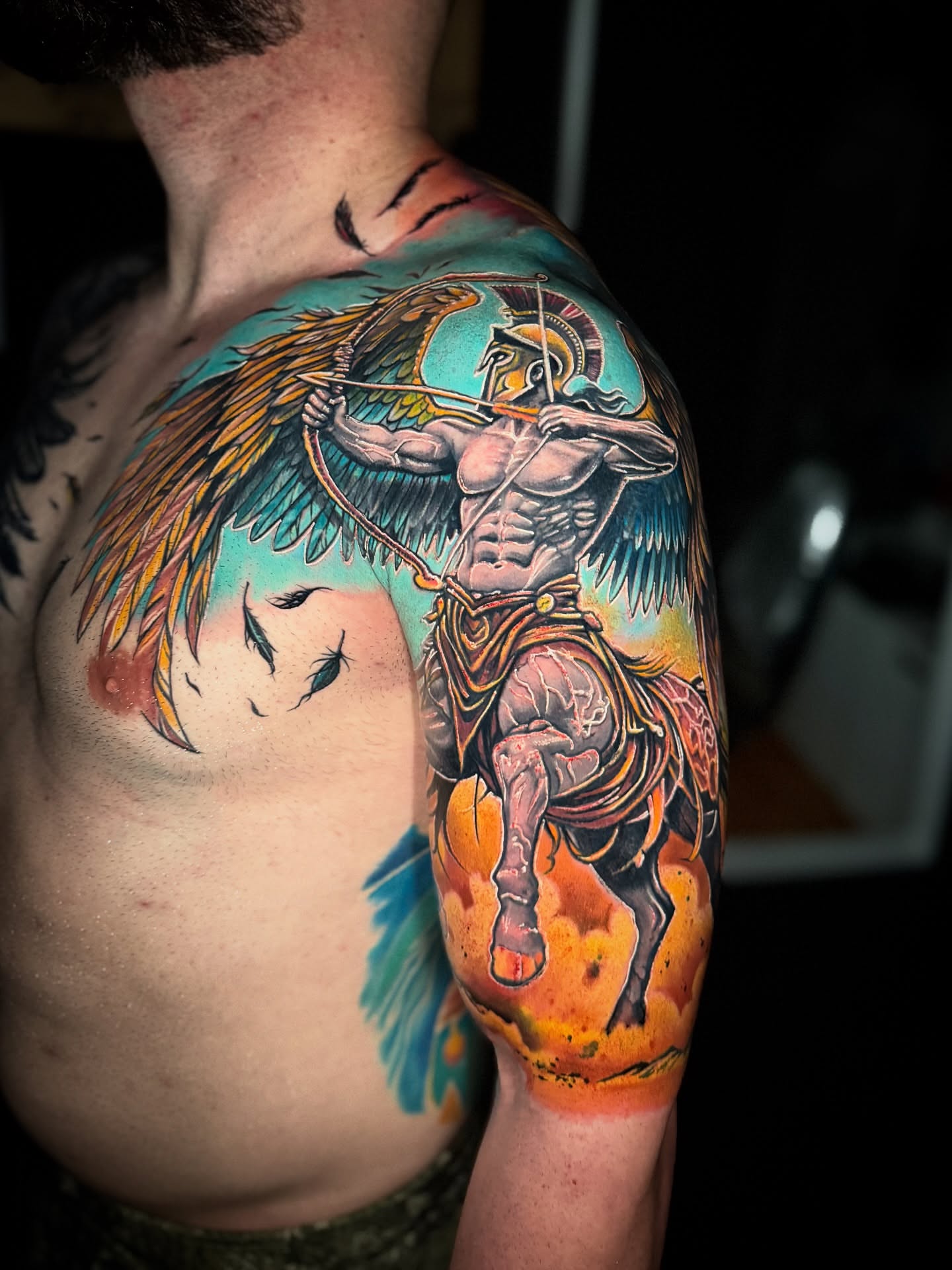 Warrior on horseback neo-traditional tattoo on the shoulder by Yanko Reyes