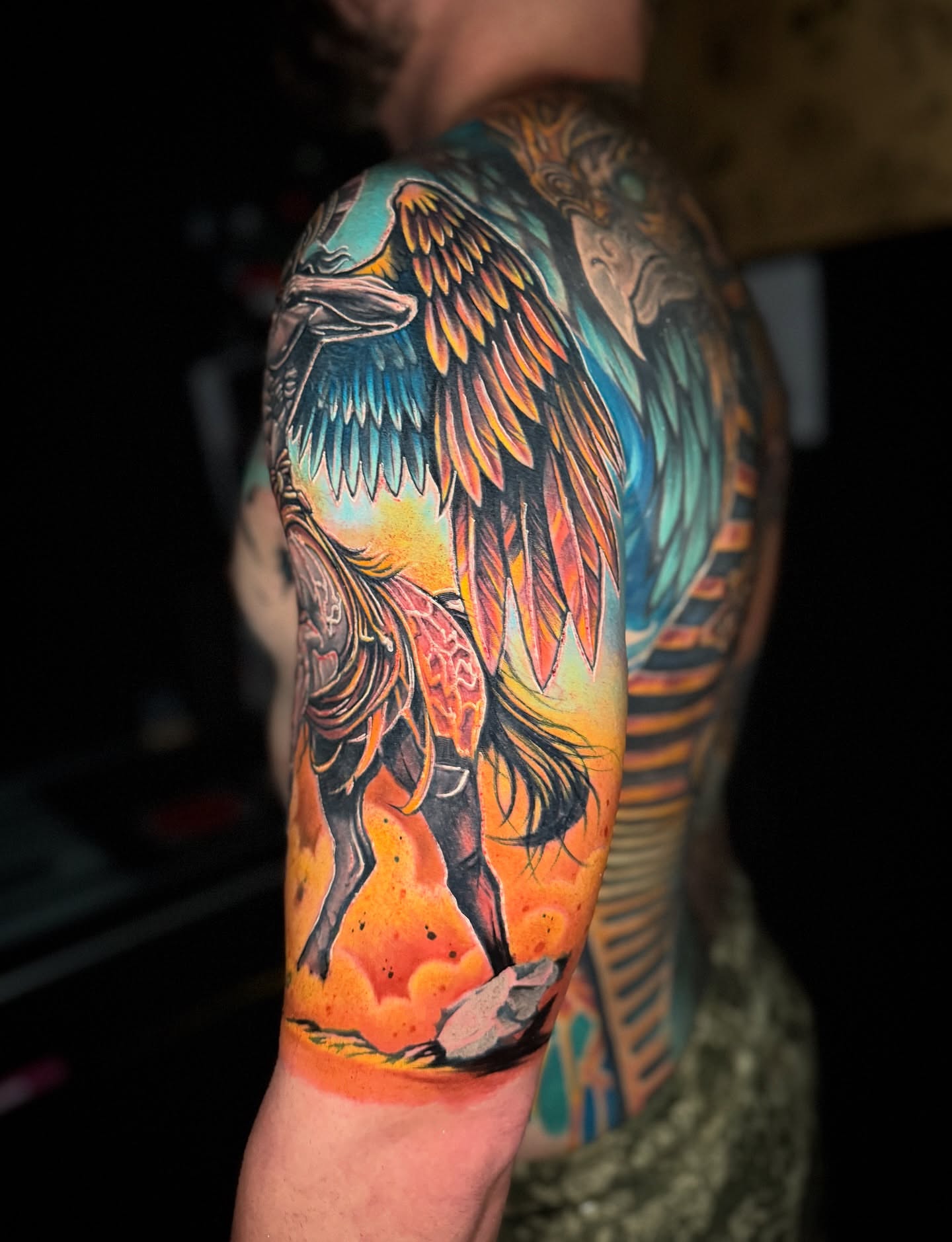 Winged horse new school tattoo on the forearm by Yanko Reyes