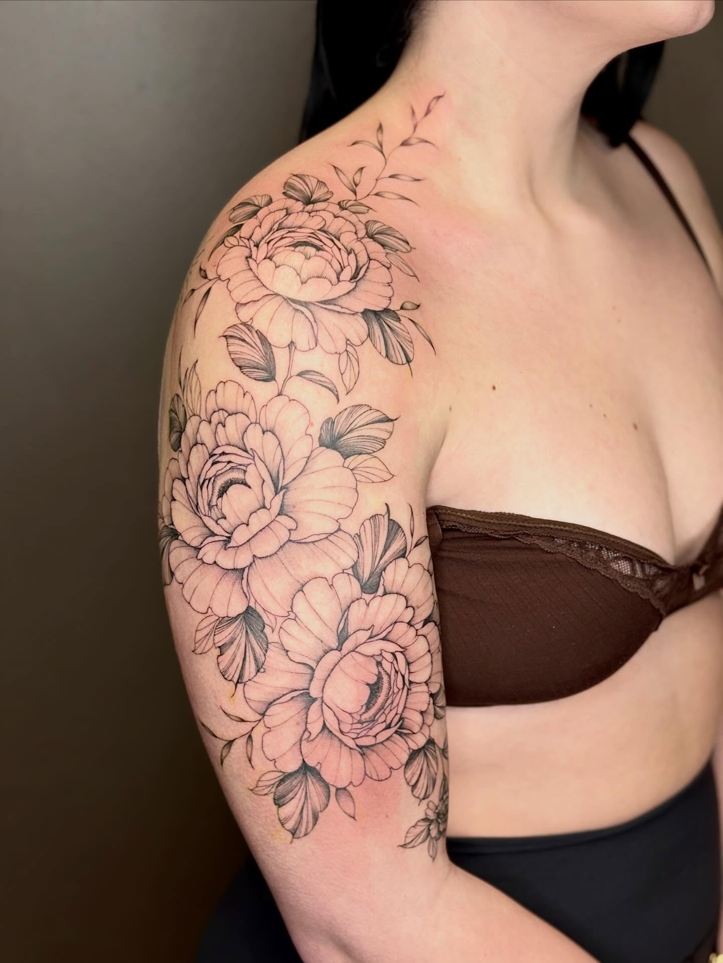 Peony flowers black and grey tattoo on the shoulder by 🖤Sidney🖤