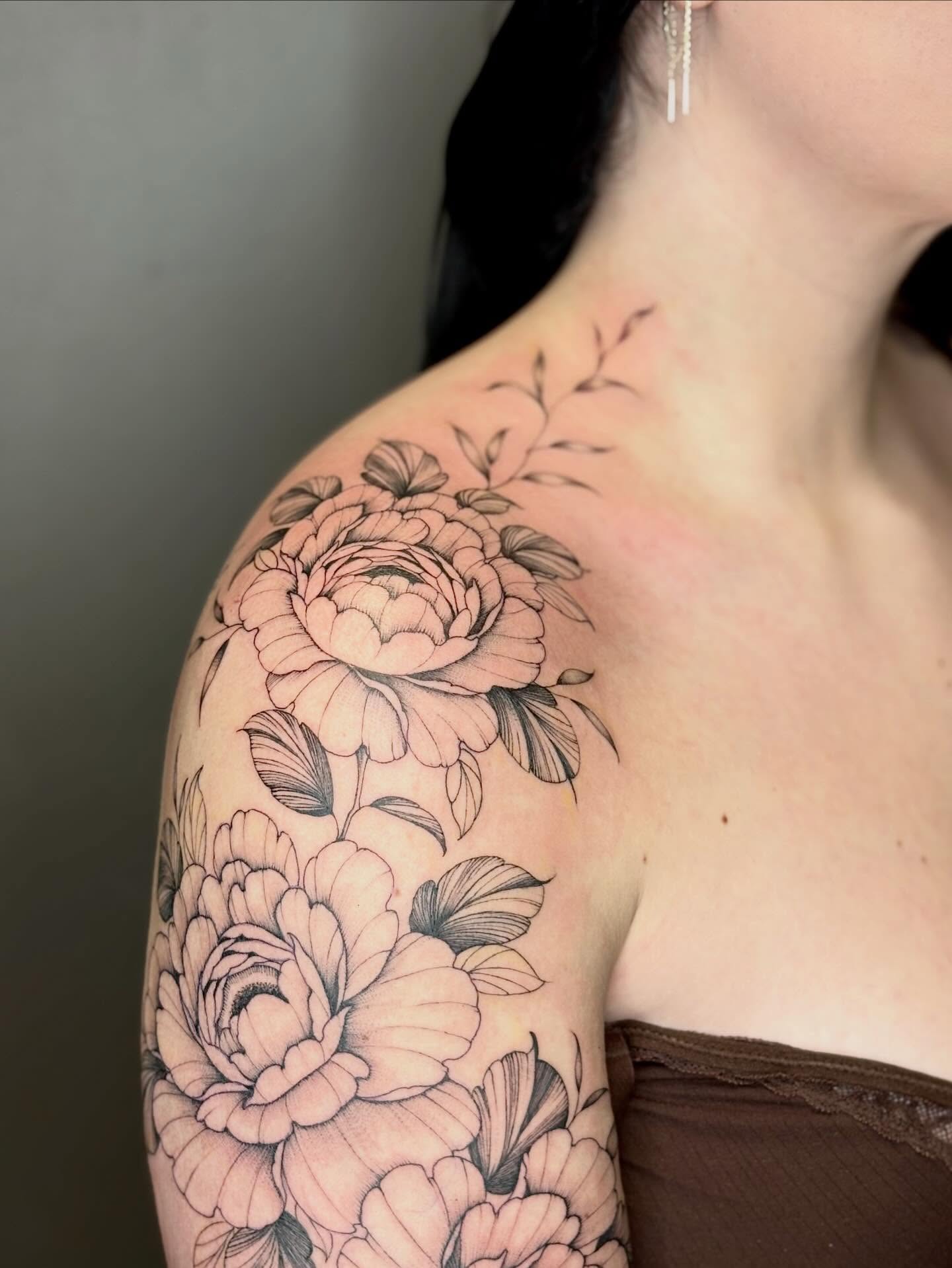 Peony flowers black and grey tattoo on the shoulder by 🖤Sidney🖤