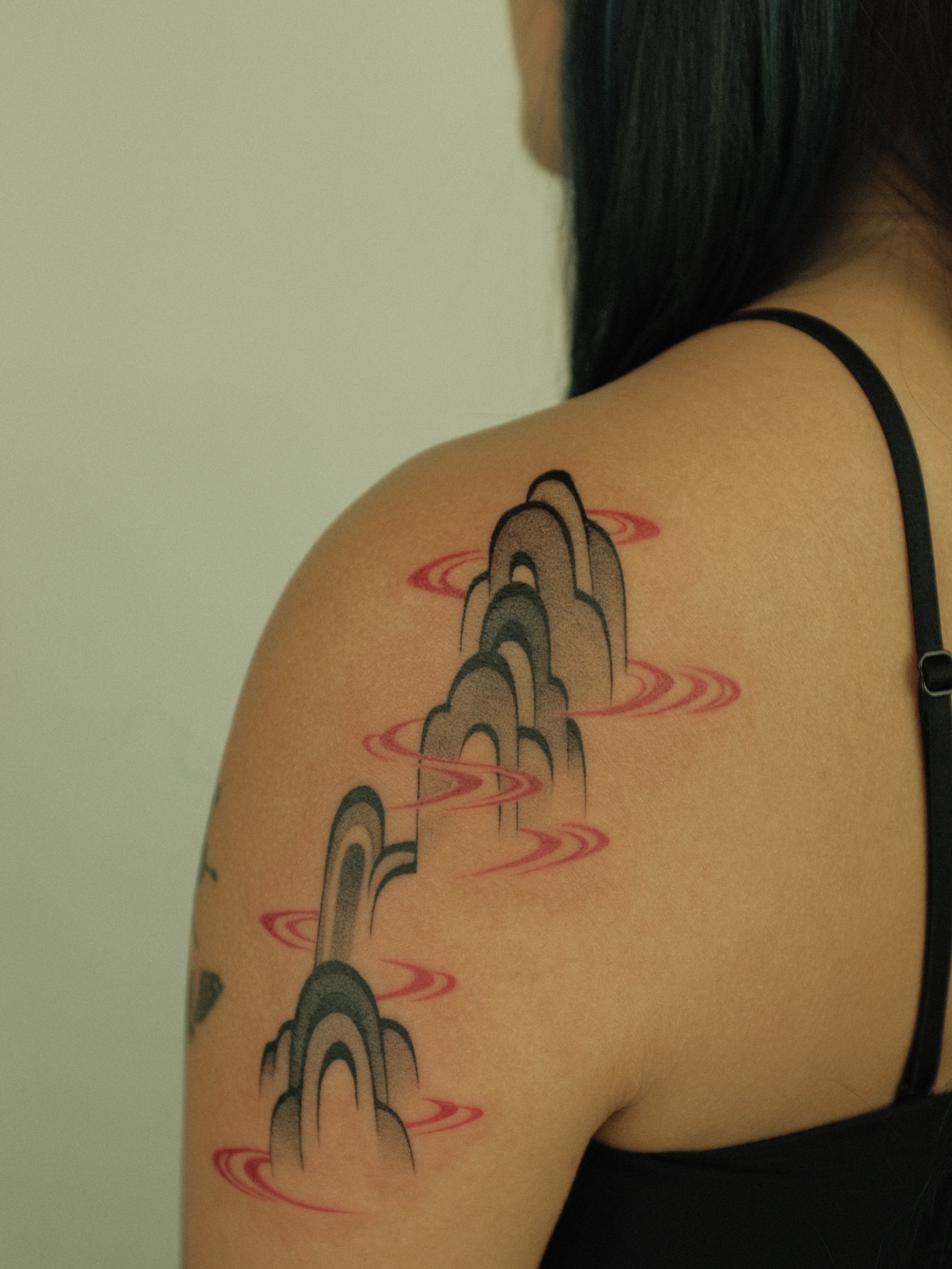 Mountains and waves japanese irezumi tattoo on the shoulder by Xiao Lun