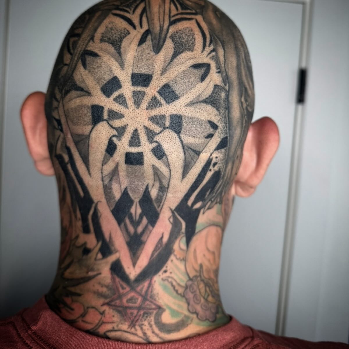 Geometric pattern geometric tattoo on the head by Matthew Crawley
