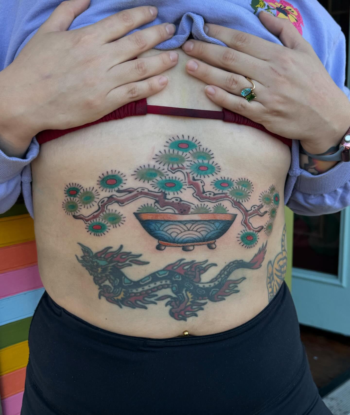 Bonsai tree dotwork tattoo on the torso by B