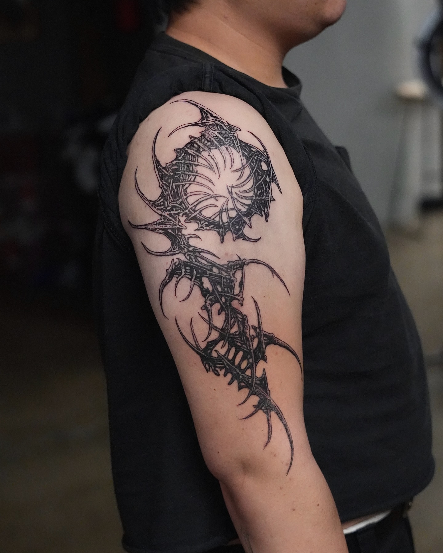 Spiderweb geometric tattoo on the upper arm by alyssa ⋆₊ ♱