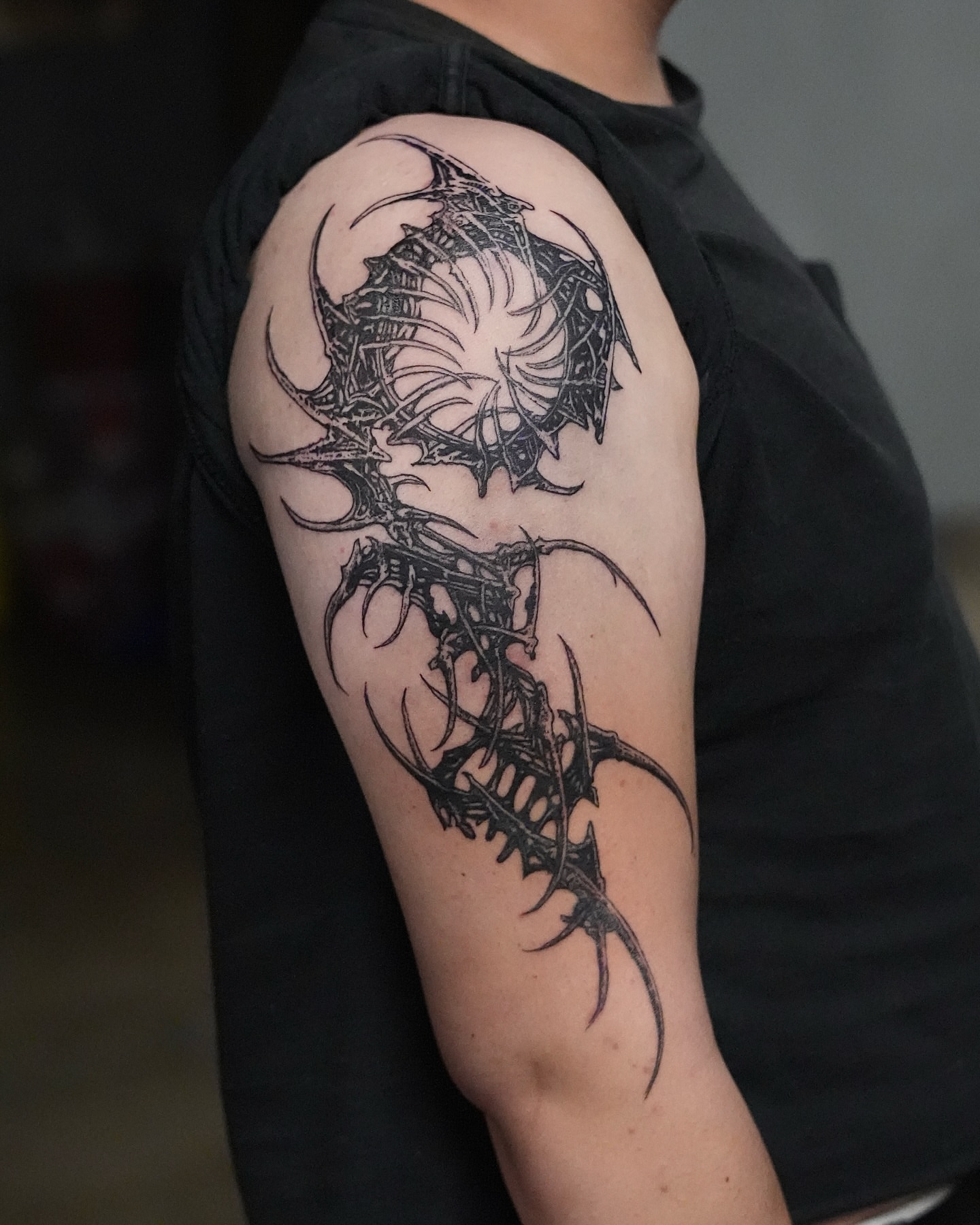 Spider geometric tattoo on the upper arm by alyssa ⋆₊ ♱