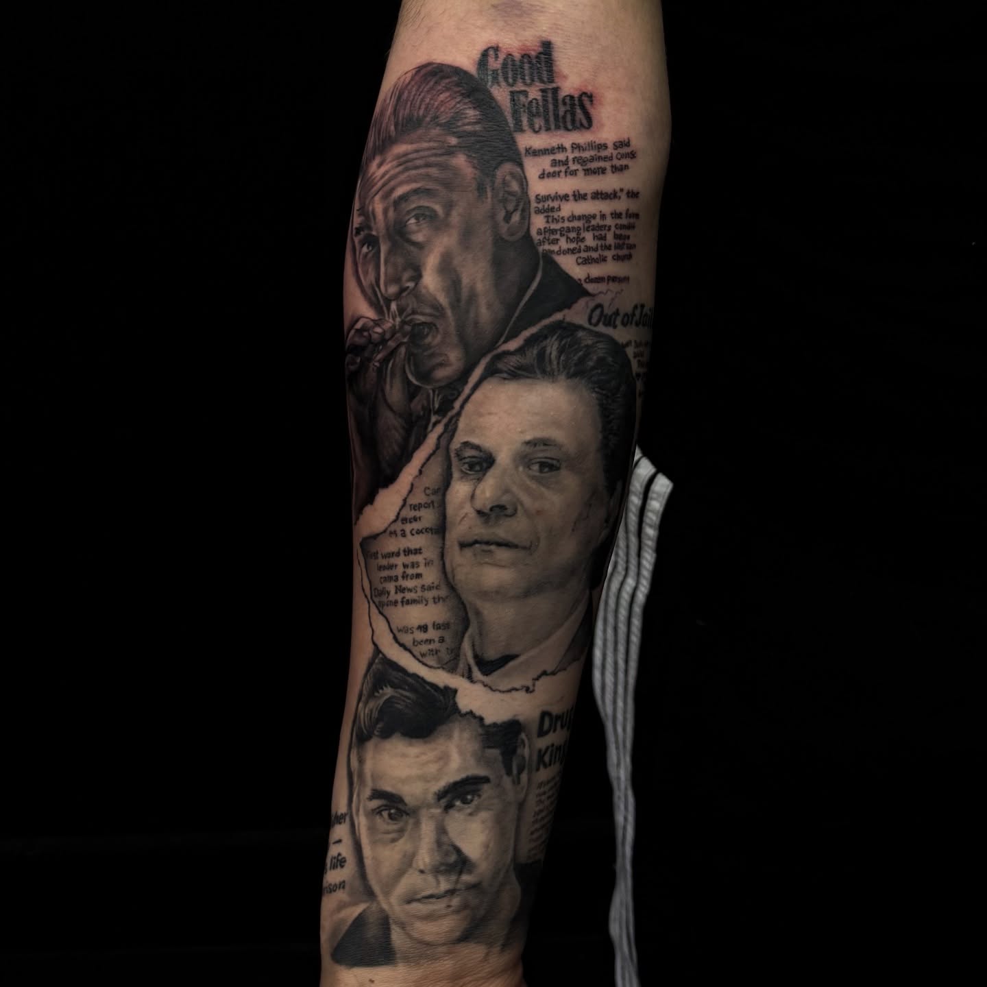 Goodfellas characters realism tattoo on the forearm by Kiefer Fonseca