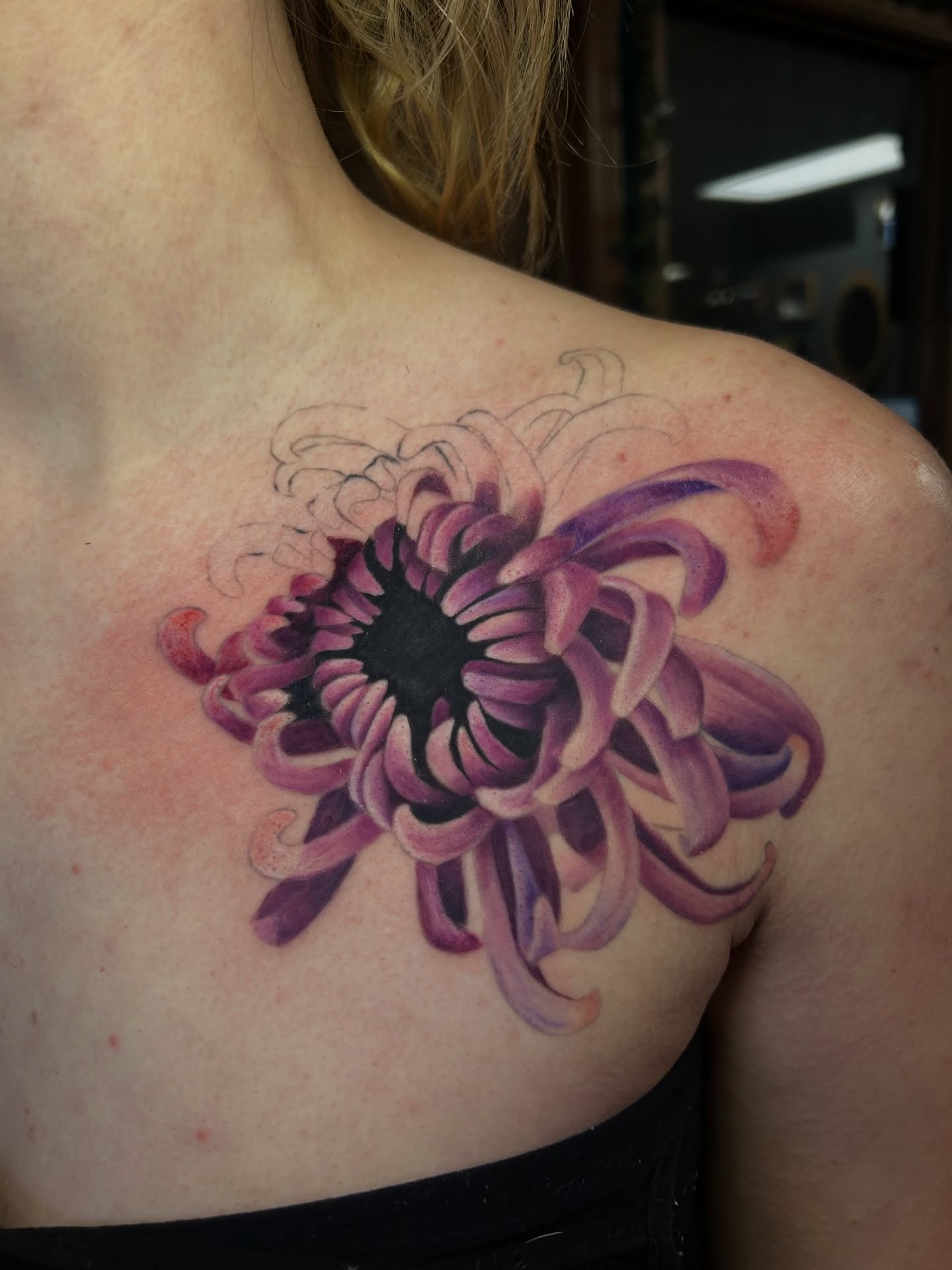 Chrysanthemum realism tattoo on the shoulder by Vanessa Kendyll’s Tattoos