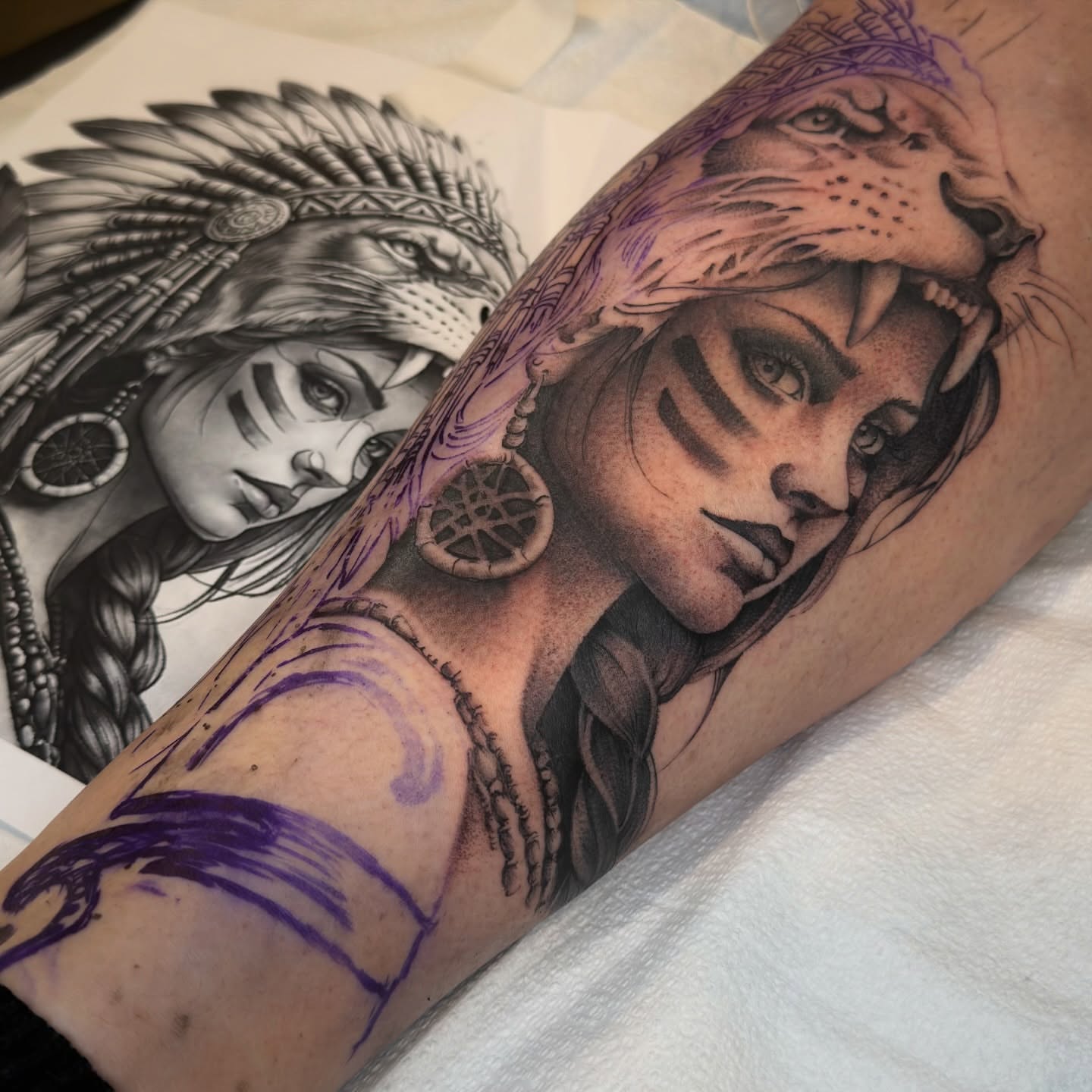 Woman with lion realism tattoo on the forearm by Joe Cruz