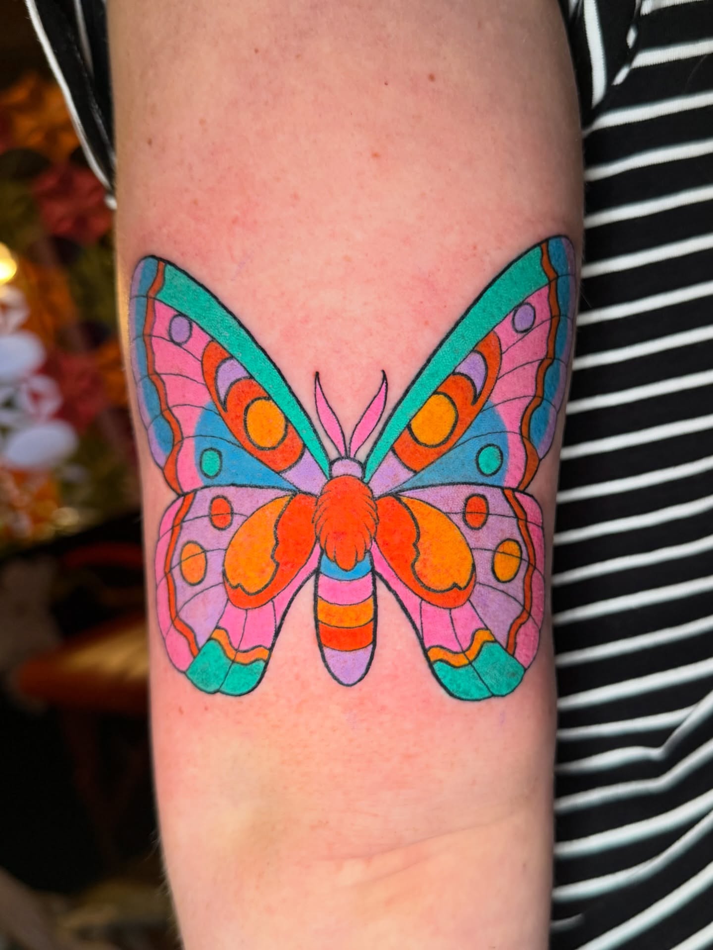 Butterfly new school tattoo on the forearm by 🍄Annie Burkhard🍄, Indianapolis, Indiana